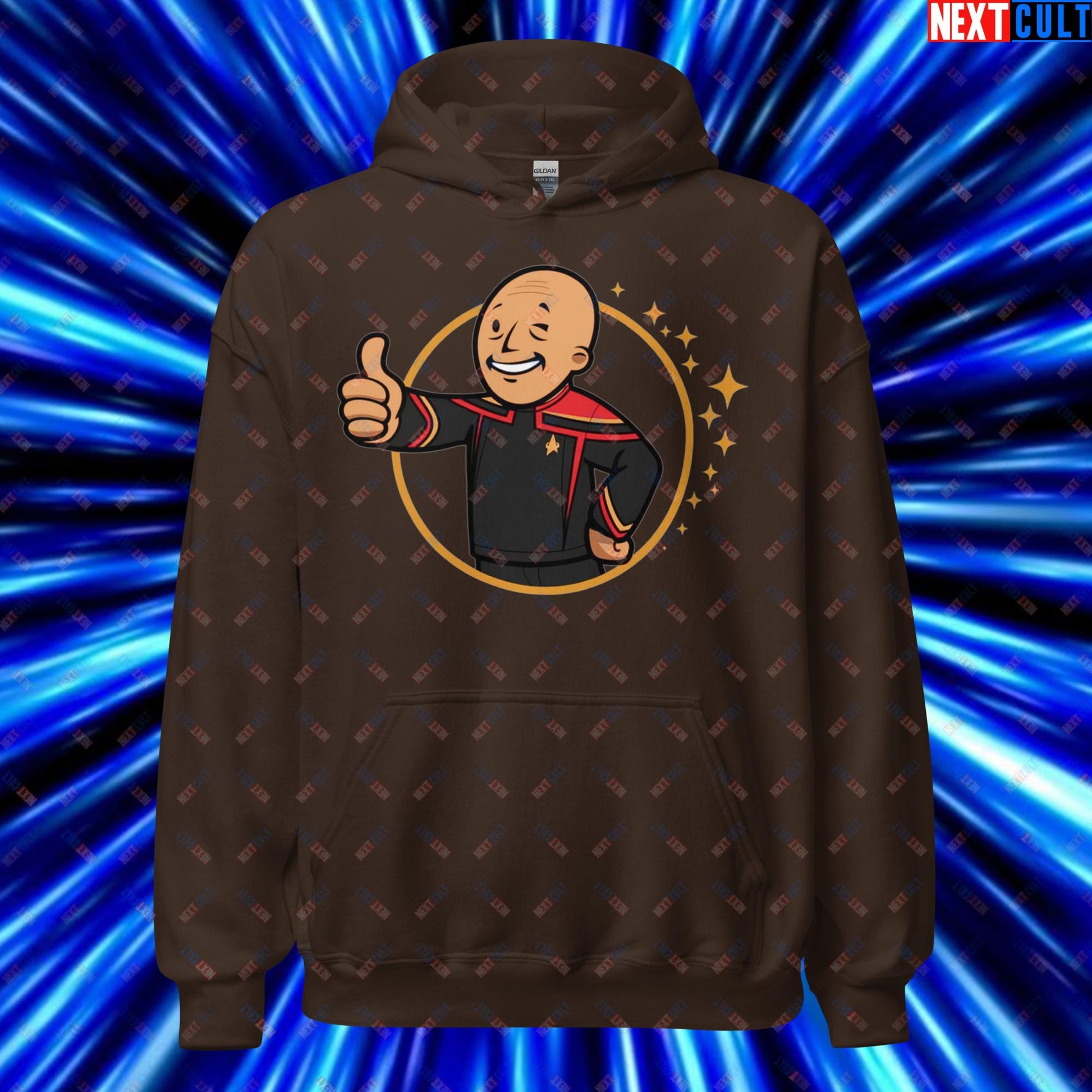 Jean-Luc Picard Star Trek Vault Boy Fallout Funny Cartoon Mashup Unisex Hoodie Dark Chocolate Hoodies Star Trek TV Shows Next Cult Brand