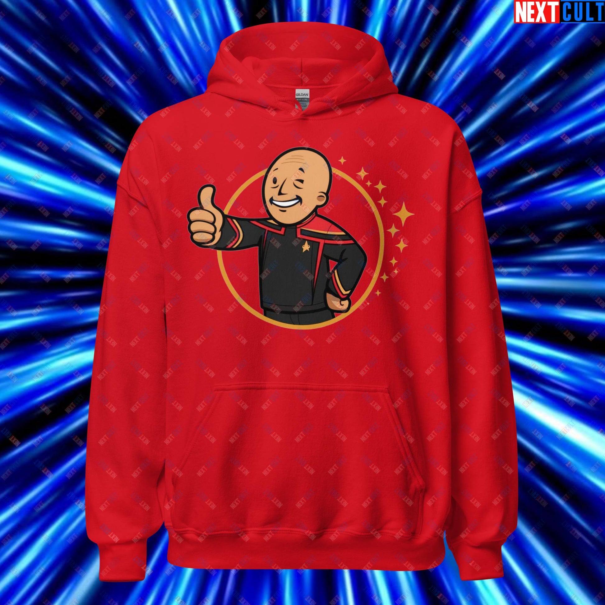 Jean-Luc Picard Star Trek Vault Boy Fallout Funny Cartoon Mashup Unisex Hoodie Red Hoodies Star Trek TV Shows Next Cult Brand