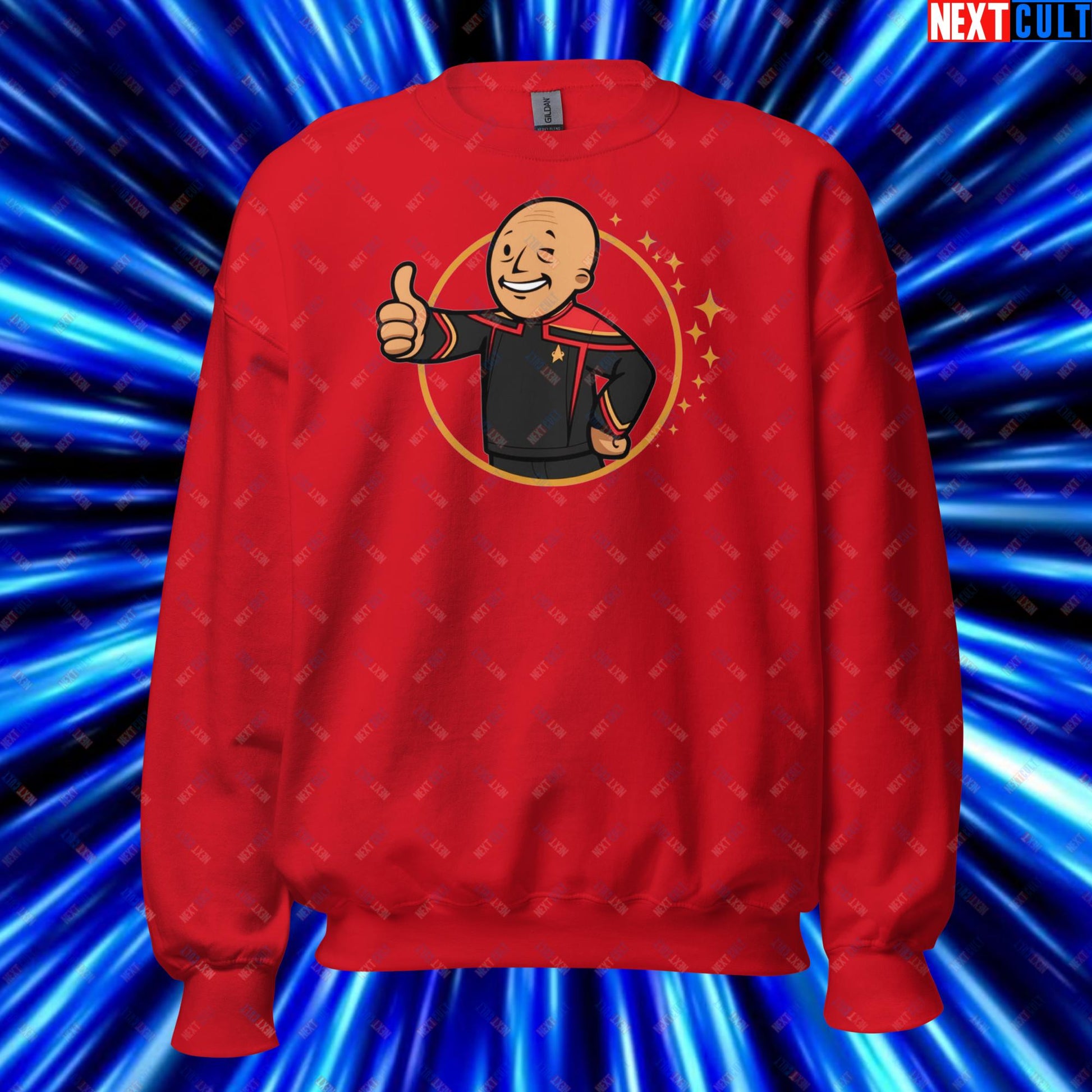 Jean-Luc Picard Star Trek Vault Boy Fallout Funny Cartoon Mashup Unisex Sweatshirt Red Sweatshirts Star Trek TV Shows Next Cult Brand