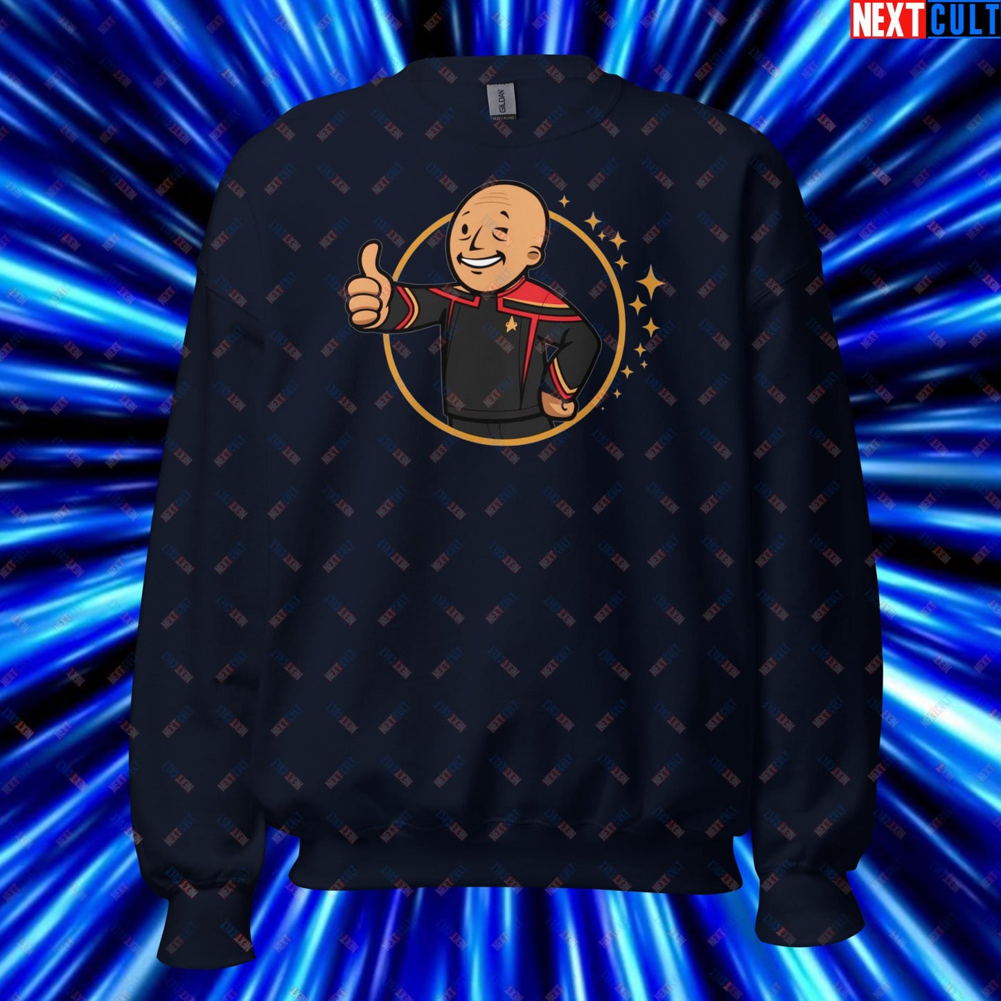 Jean-Luc Picard Star Trek Vault Boy Fallout Funny Cartoon Mashup Unisex Sweatshirt Navy Sweatshirts Star Trek TV Shows Next Cult Brand