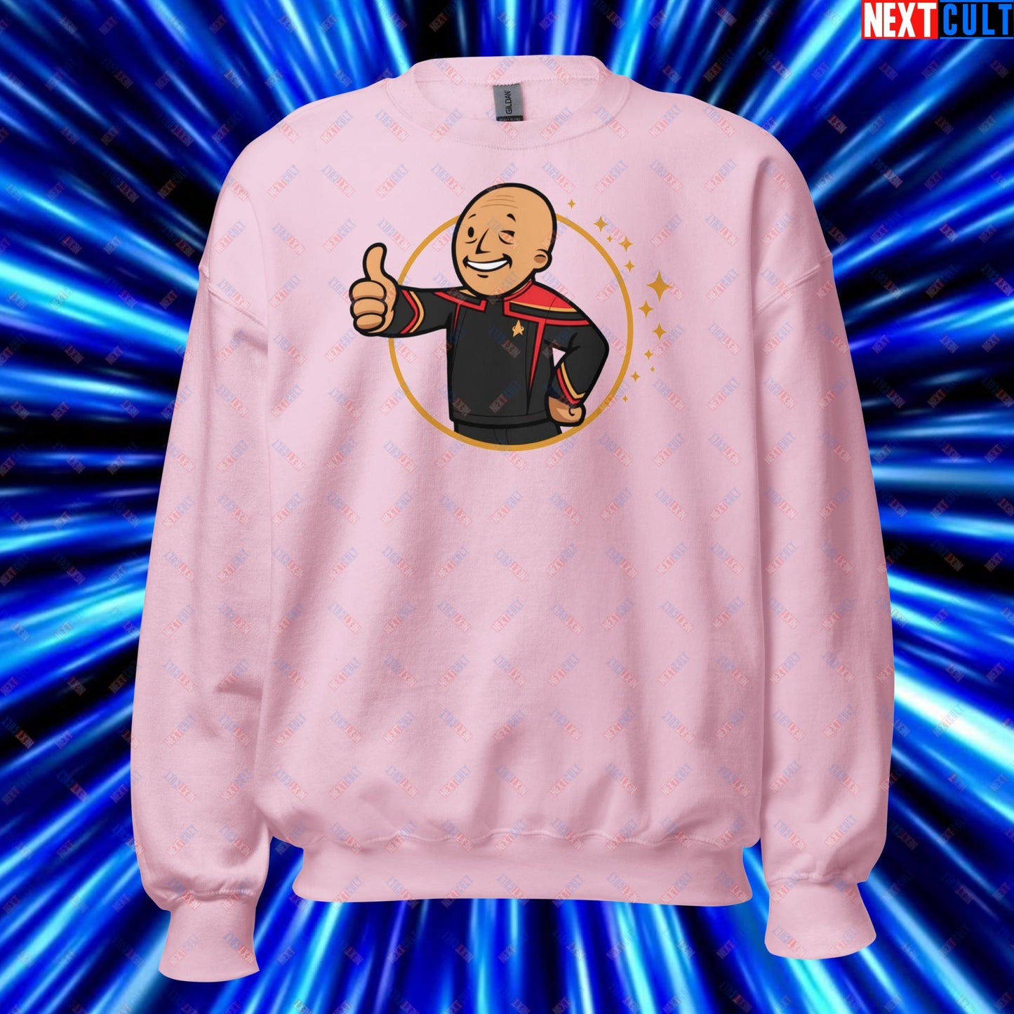 Jean-Luc Picard Star Trek Vault Boy Fallout Funny Cartoon Mashup Unisex Sweatshirt Light Pink Sweatshirts Star Trek TV Shows Next Cult Brand