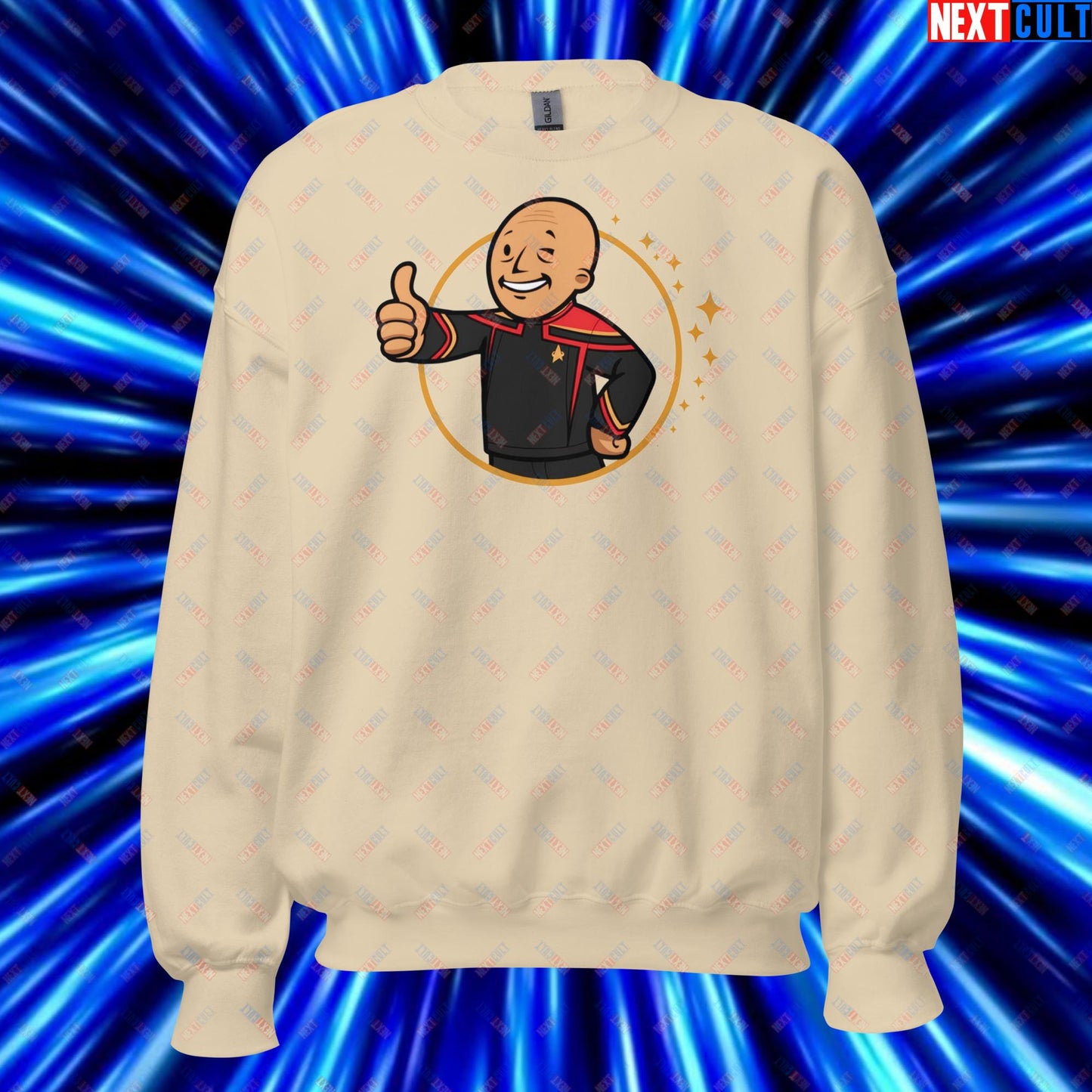 Jean-Luc Picard Star Trek Vault Boy Fallout Funny Cartoon Mashup Unisex Sweatshirt Sand Sweatshirts Star Trek TV Shows Next Cult Brand