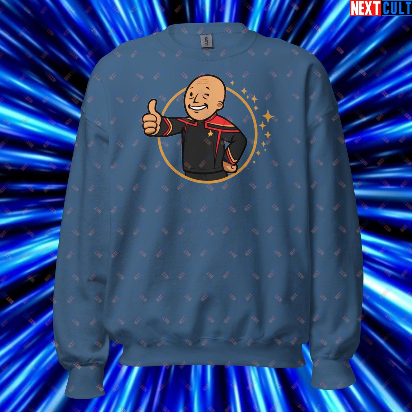 Jean-Luc Picard Star Trek Vault Boy Fallout Funny Cartoon Mashup Unisex Sweatshirt Indigo Blue Sweatshirts Star Trek TV Shows Next Cult Brand