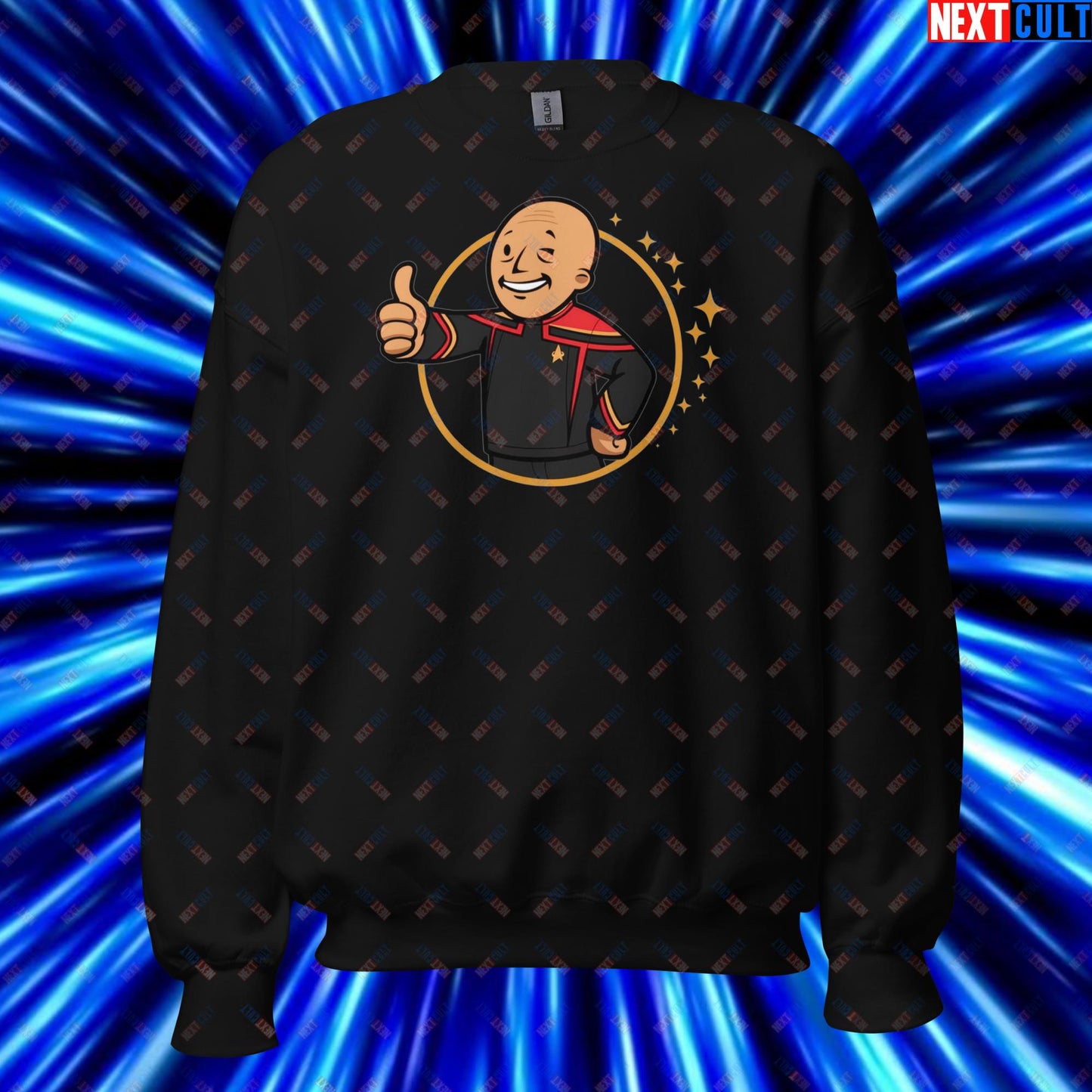 Jean-Luc Picard Star Trek Vault Boy Fallout Funny Cartoon Mashup Unisex Sweatshirt Black Sweatshirts Star Trek TV Shows Next Cult Brand