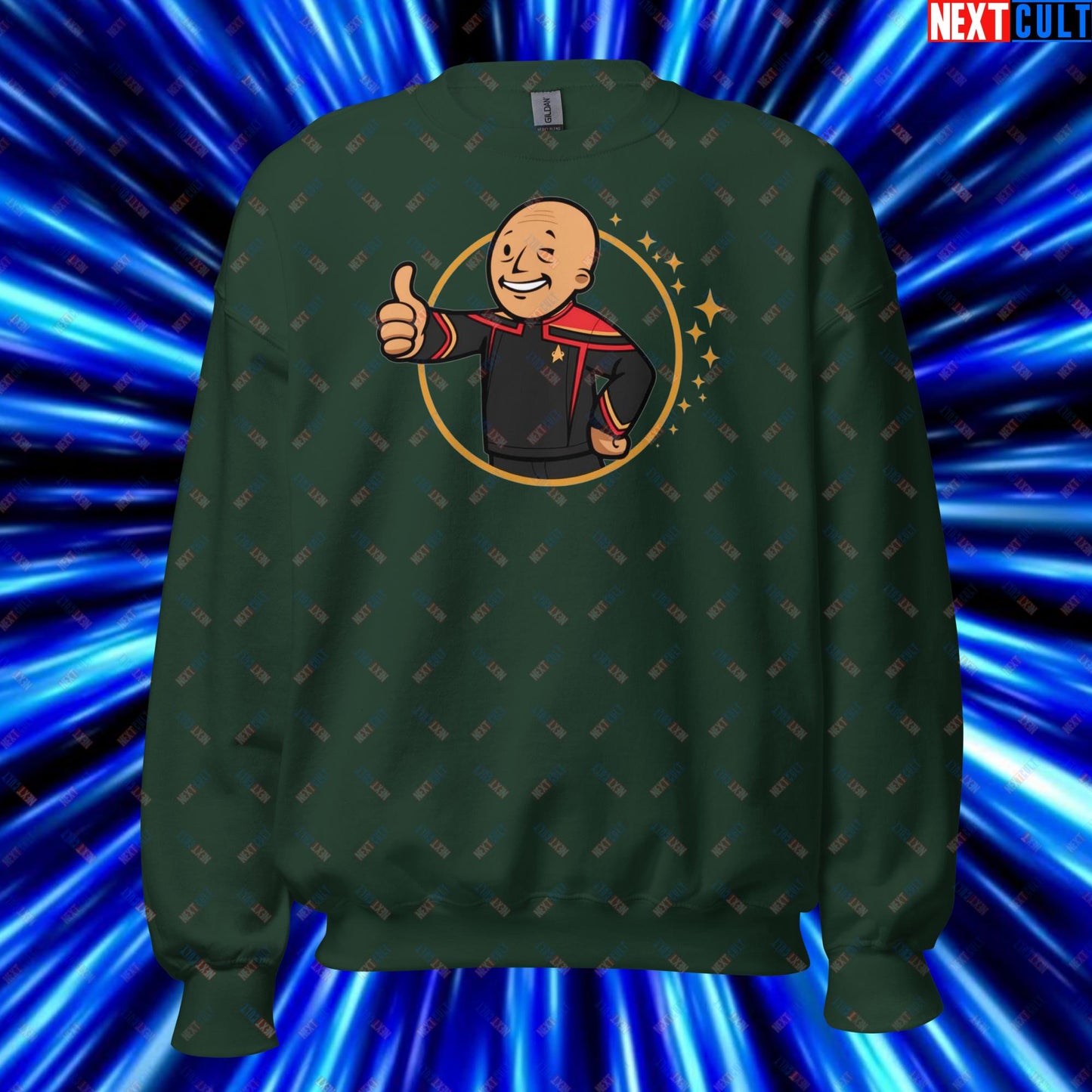 Jean-Luc Picard Star Trek Vault Boy Fallout Funny Cartoon Mashup Unisex Sweatshirt Forest Green Sweatshirts Star Trek TV Shows Next Cult Brand