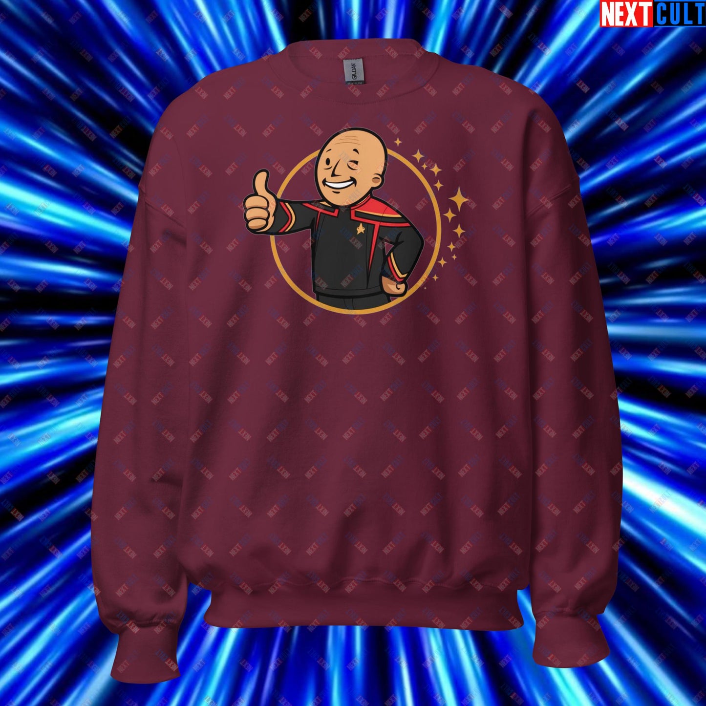 Jean-Luc Picard Star Trek Vault Boy Fallout Funny Cartoon Mashup Unisex Sweatshirt Maroon Sweatshirts Star Trek TV Shows Next Cult Brand