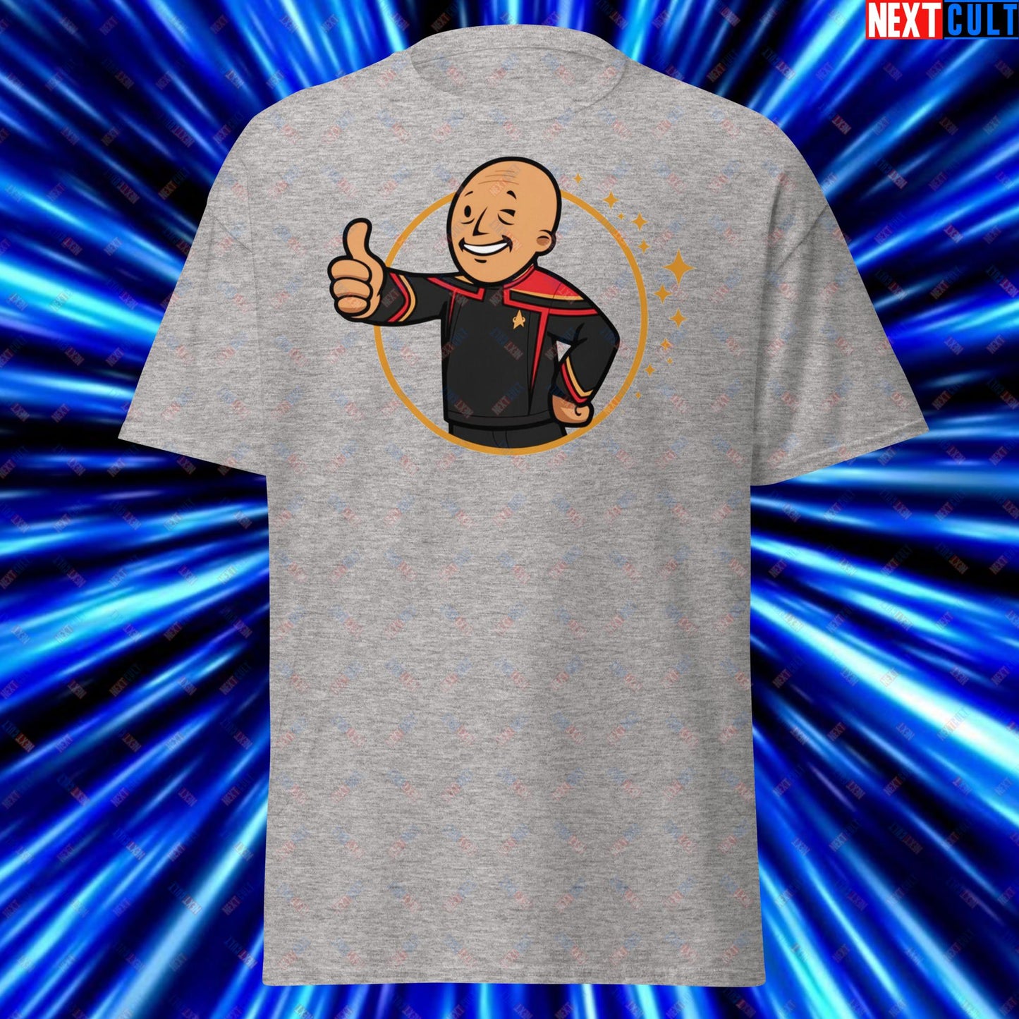 Jean-Luc Picard Star Trek Vault Boy Fallout Funny Cartoon Mashup Unisex tee Sport Grey T-shirts Star Trek TV Shows Next Cult Brand