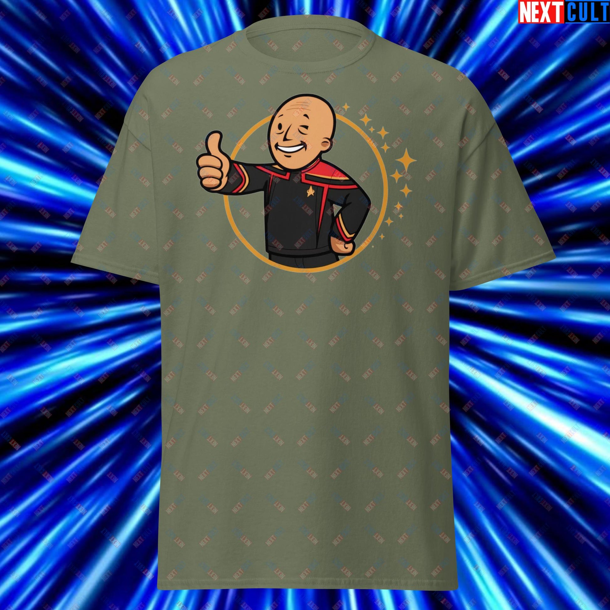 Jean-Luc Picard Star Trek Vault Boy Fallout Funny Cartoon Mashup Unisex tee Military Green T-shirts Star Trek TV Shows Next Cult Brand