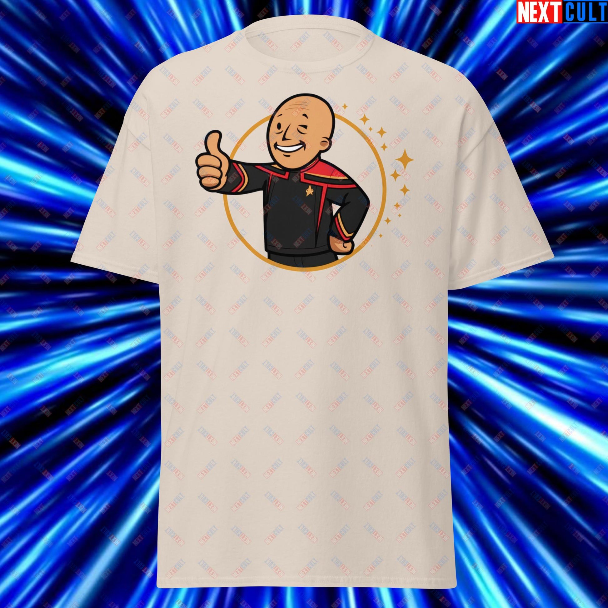 Jean-Luc Picard Star Trek Vault Boy Fallout Funny Cartoon Mashup Unisex tee Natural T-shirts Star Trek TV Shows Next Cult Brand