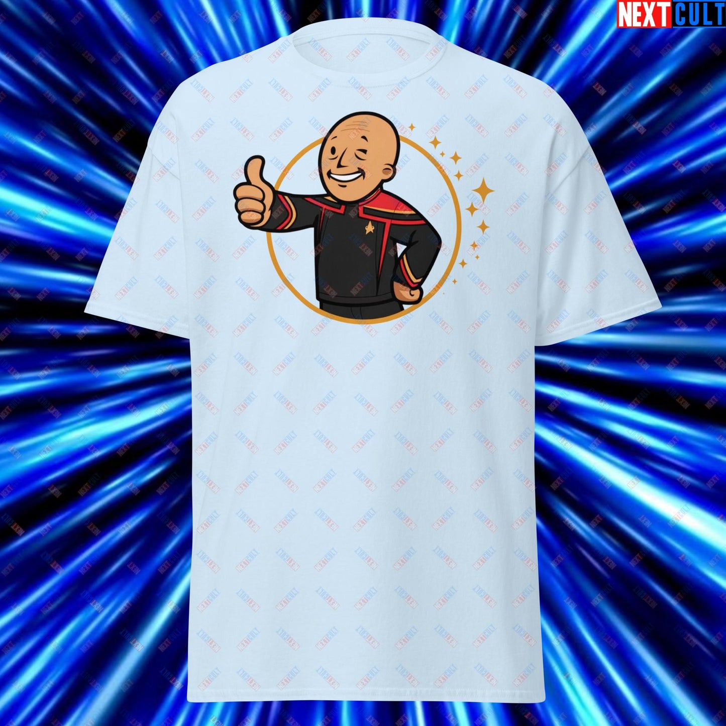 Jean-Luc Picard Star Trek Vault Boy Fallout Funny Cartoon Mashup Unisex tee Light Blue T-shirts Star Trek TV Shows Next Cult Brand