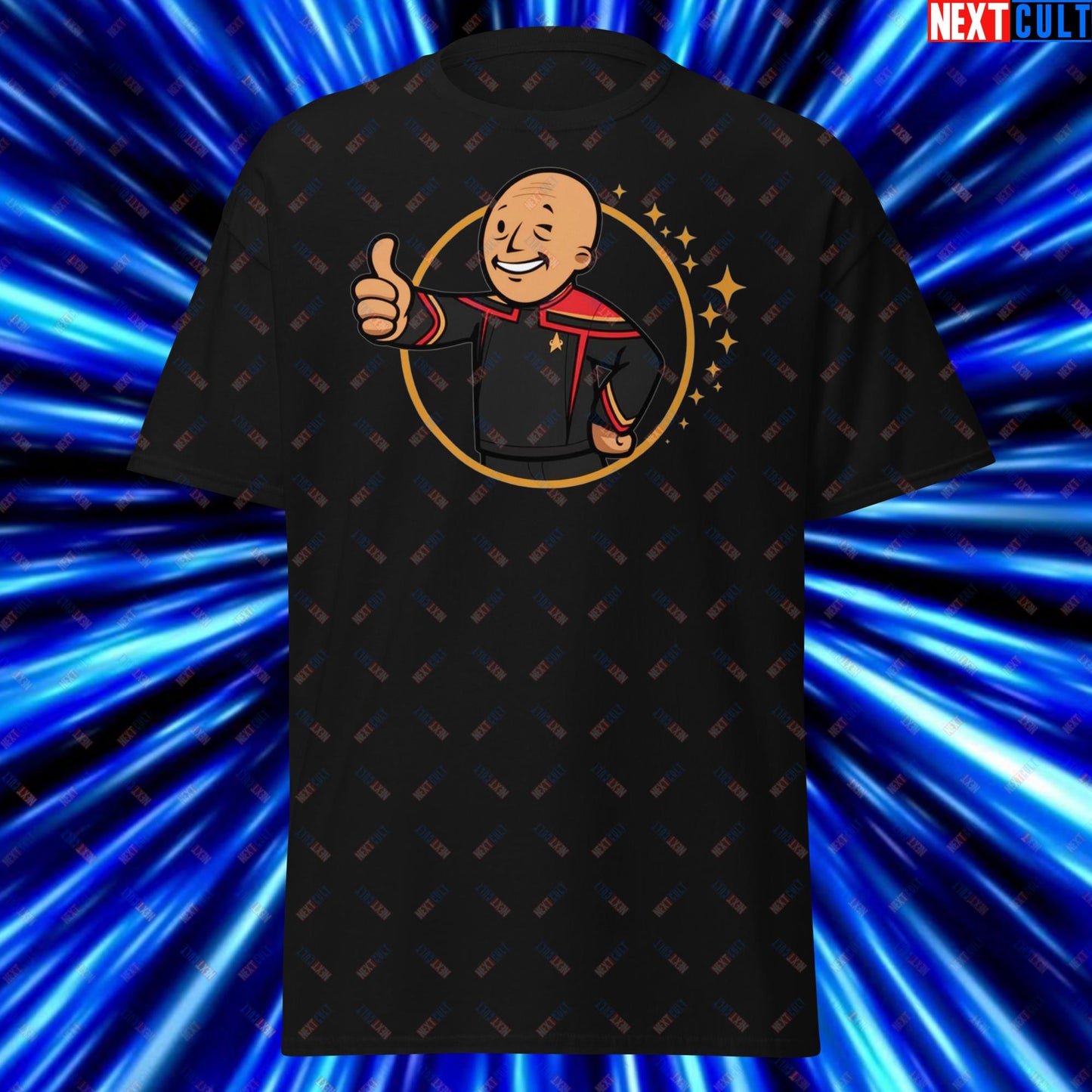 Jean-Luc Picard Star Trek Vault Boy Fallout Funny Cartoon Mashup Unisex tee Black T-shirts Star Trek TV Shows Next Cult Brand