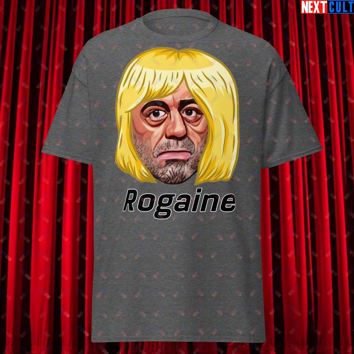 Joe Rogan Rogaine Funny Hair Loss JRE Podcast Unisex tee Dark Heather T-shirts Joe Rogan Podcasts Stand-up Comedy Next Cult Brand