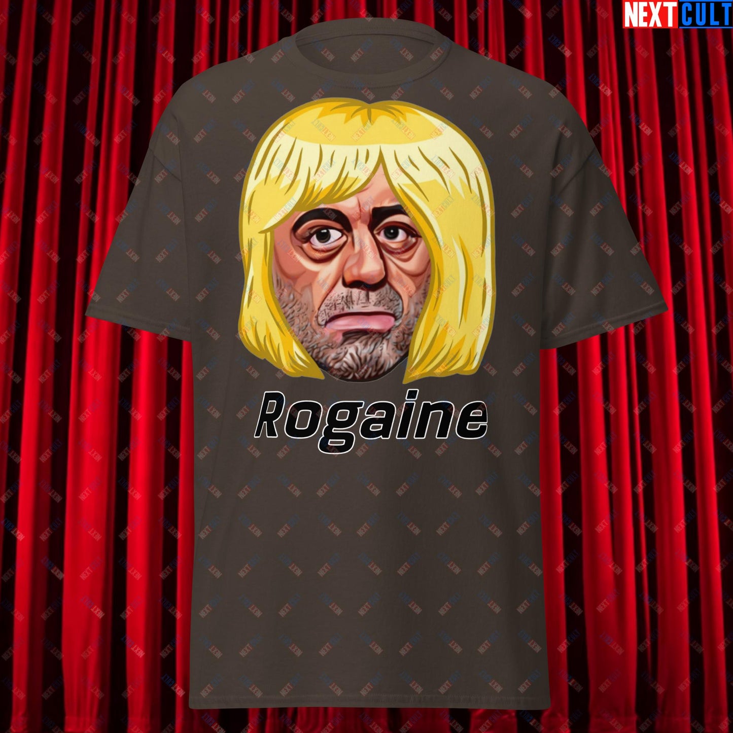 Joe Rogan Rogaine Funny Hair Loss JRE Podcast Unisex tee Dark Chocolate T-shirts Joe Rogan Podcasts Stand-up Comedy Next Cult Brand