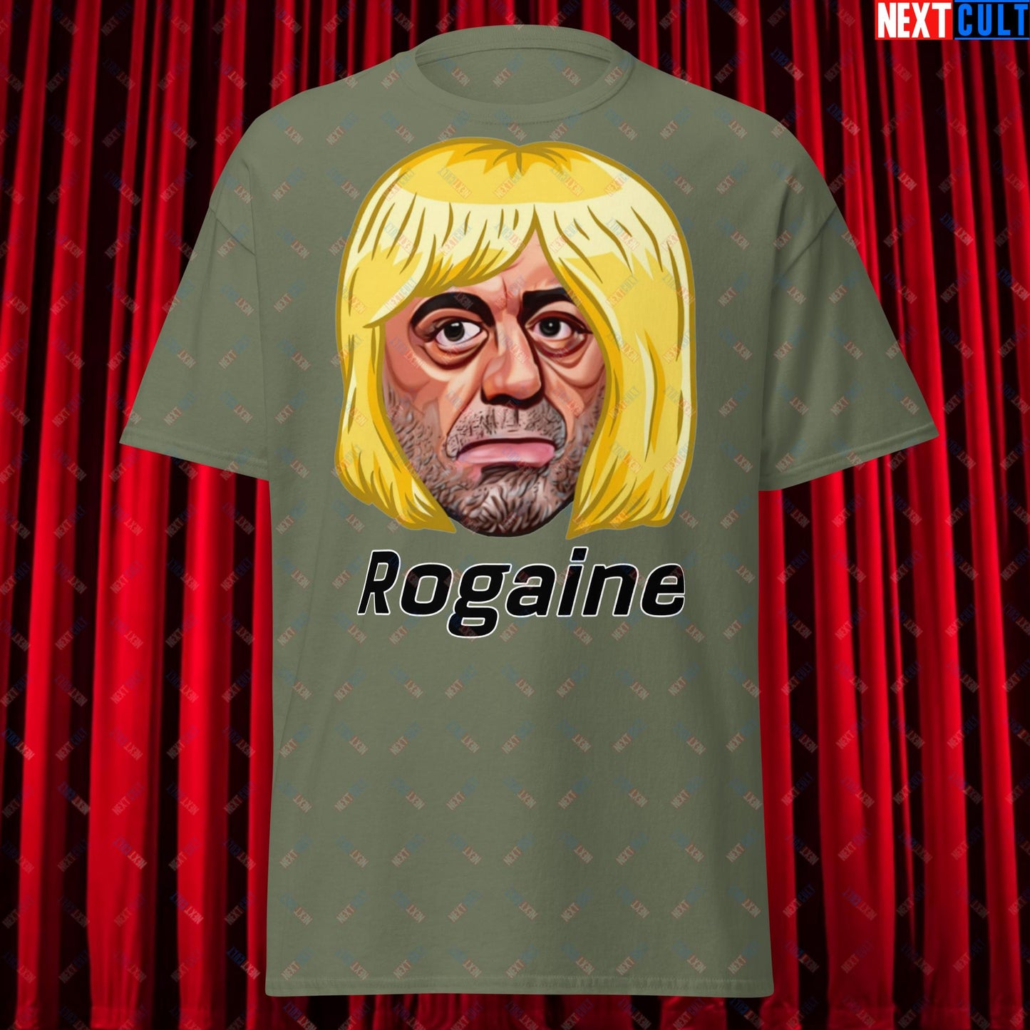 Joe Rogan Rogaine Funny Hair Loss JRE Podcast Unisex tee Military Green T-shirts Joe Rogan Podcasts Stand-up Comedy Next Cult Brand