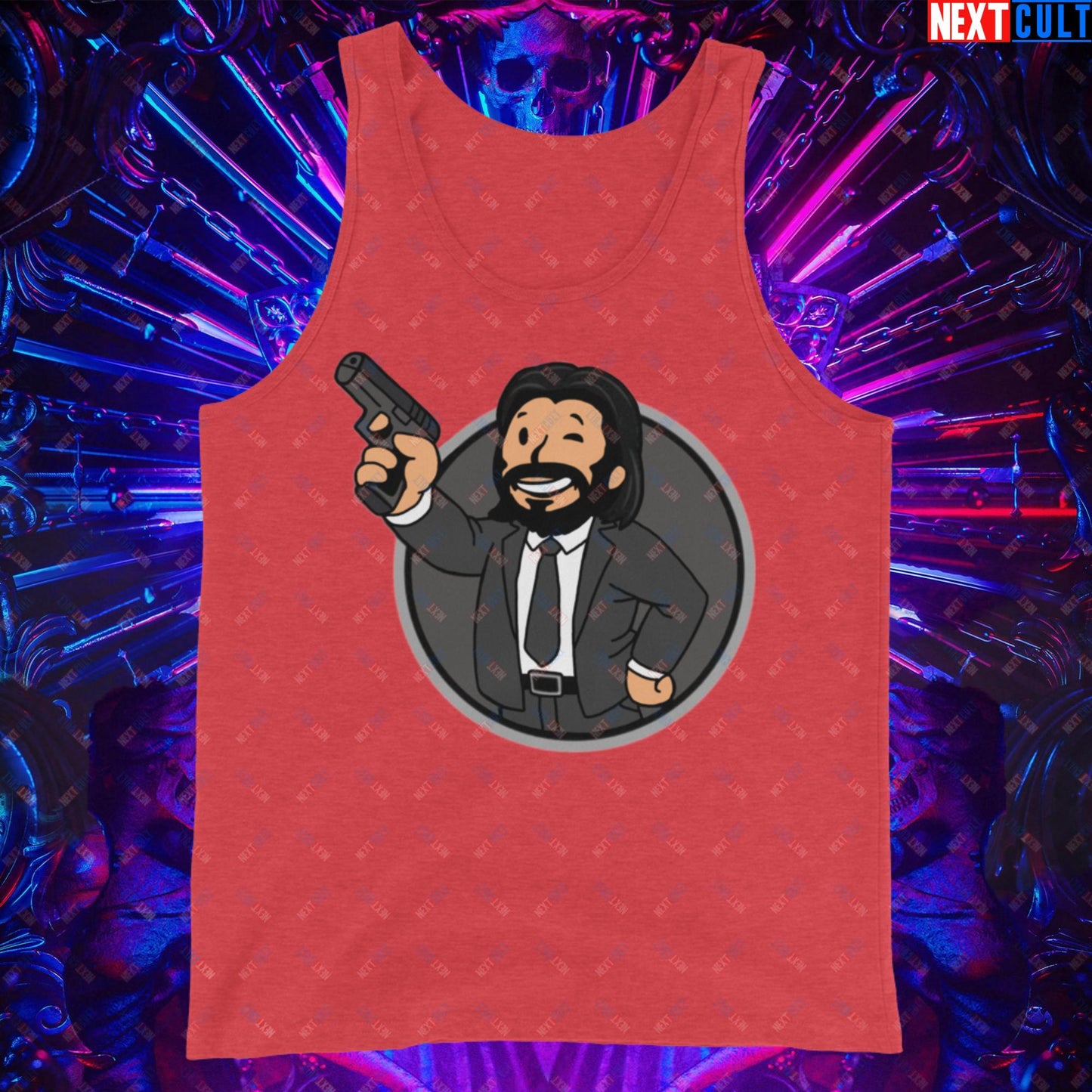 John Wick Vault Boy Fallout Funny Cartoon Mashup Tank Top Red Triblend Tank Tops Fallout John Wick Keanu Reeves Movies Vault Boy Next Cult Brand