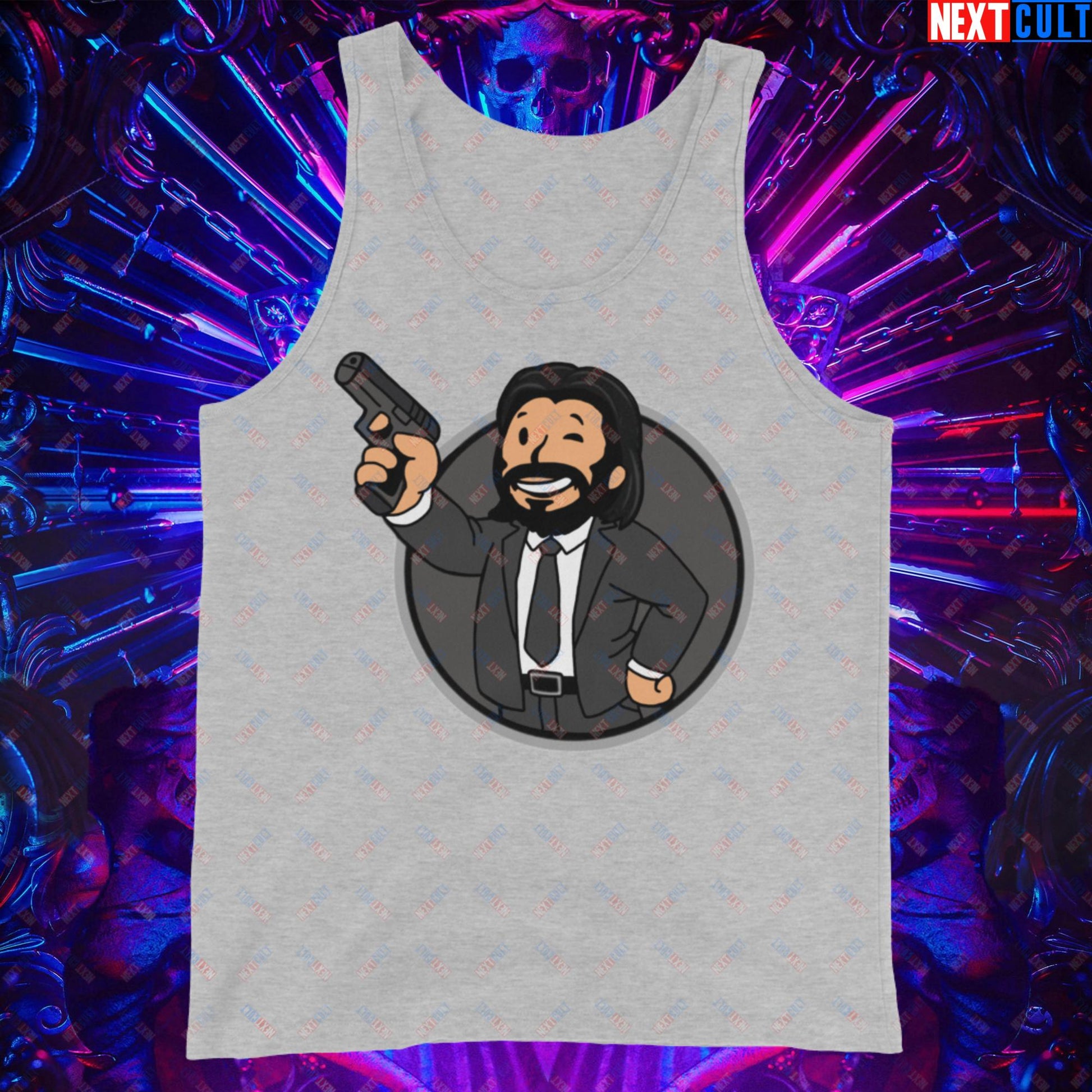 John Wick Vault Boy Fallout Funny Cartoon Mashup Tank Top Athletic Heather Tank Tops Fallout John Wick Keanu Reeves Movies Vault Boy Next Cult Brand