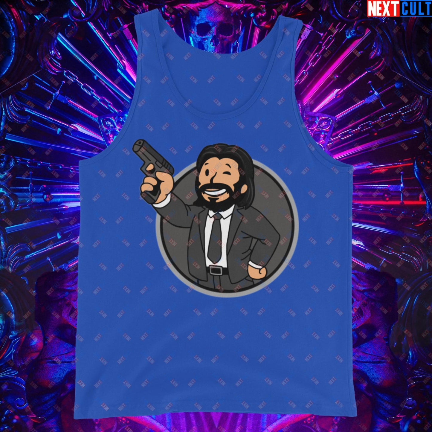 John Wick Vault Boy Fallout Funny Cartoon Mashup Tank Top True Royal Tank Tops Fallout John Wick Keanu Reeves Movies Vault Boy Next Cult Brand