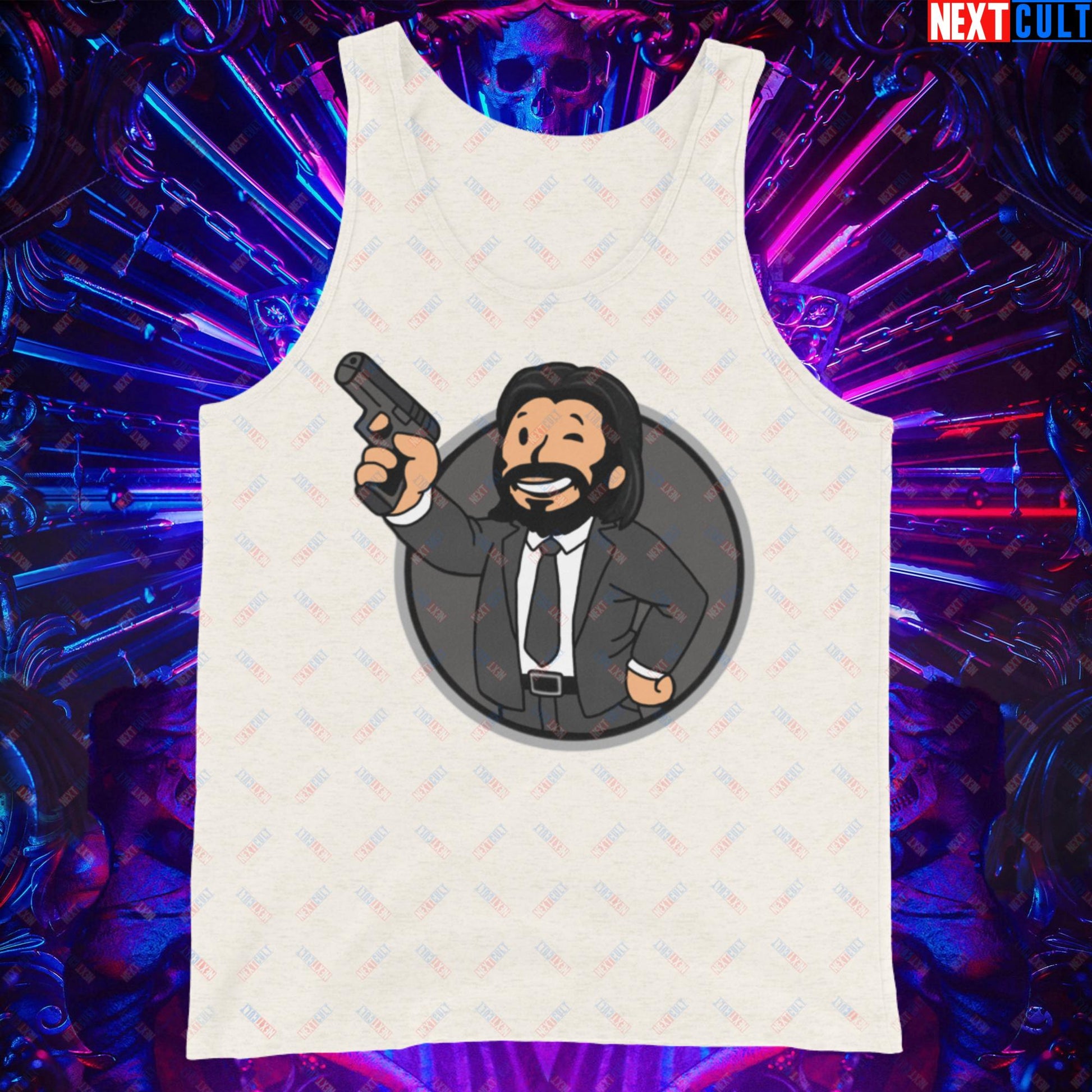 John Wick Vault Boy Fallout Funny Cartoon Mashup Tank Top Oatmeal Triblend Tank Tops Fallout John Wick Keanu Reeves Movies Vault Boy Next Cult Brand