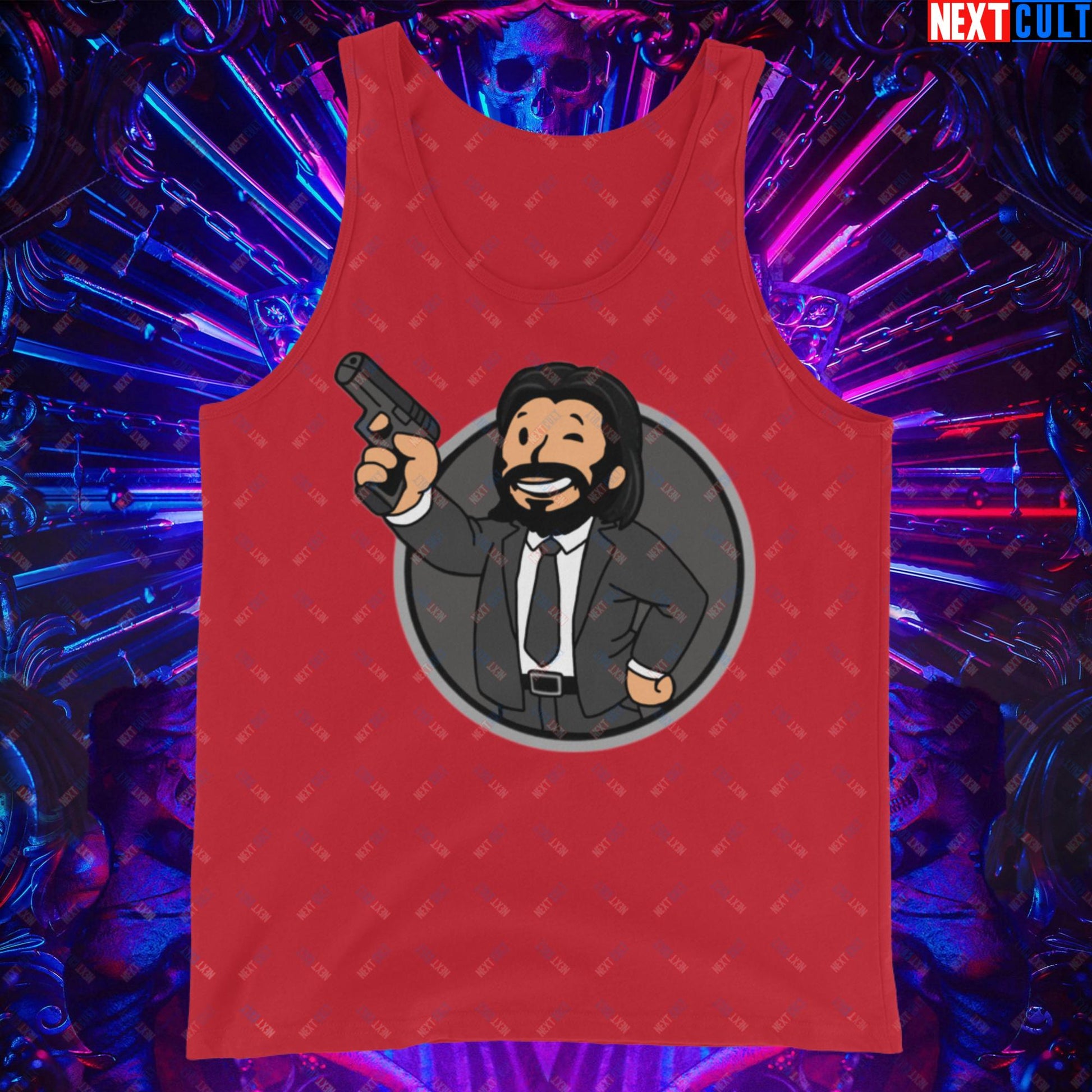 John Wick Vault Boy Fallout Funny Cartoon Mashup Tank Top Red Tank Tops Fallout John Wick Keanu Reeves Movies Vault Boy Next Cult Brand