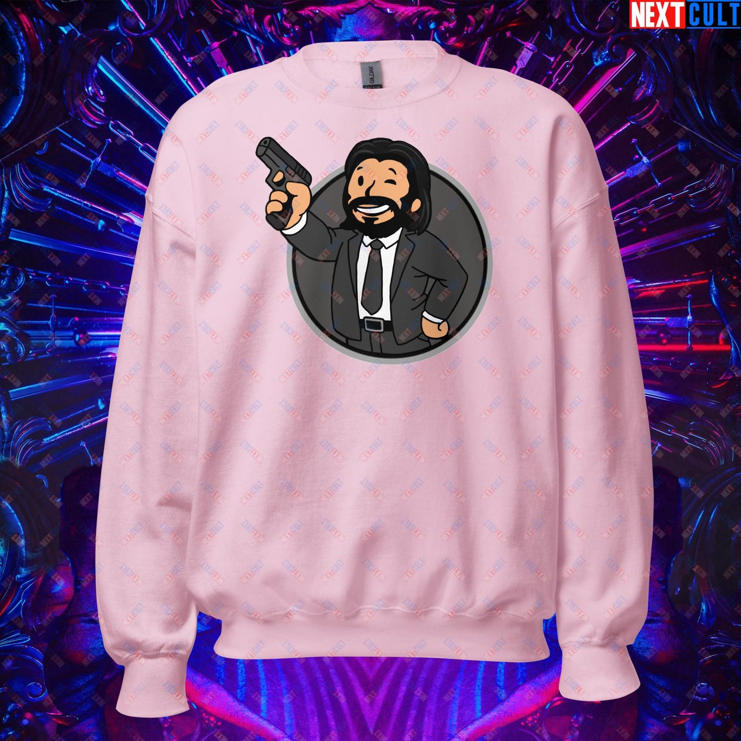 John Wick Vault Boy Fallout Funny Cartoon Mashup Unisex Sweatshirt Light Pink Sweatshirts Fallout John Wick Keanu Reeves Movies Vault Boy Next Cult Brand