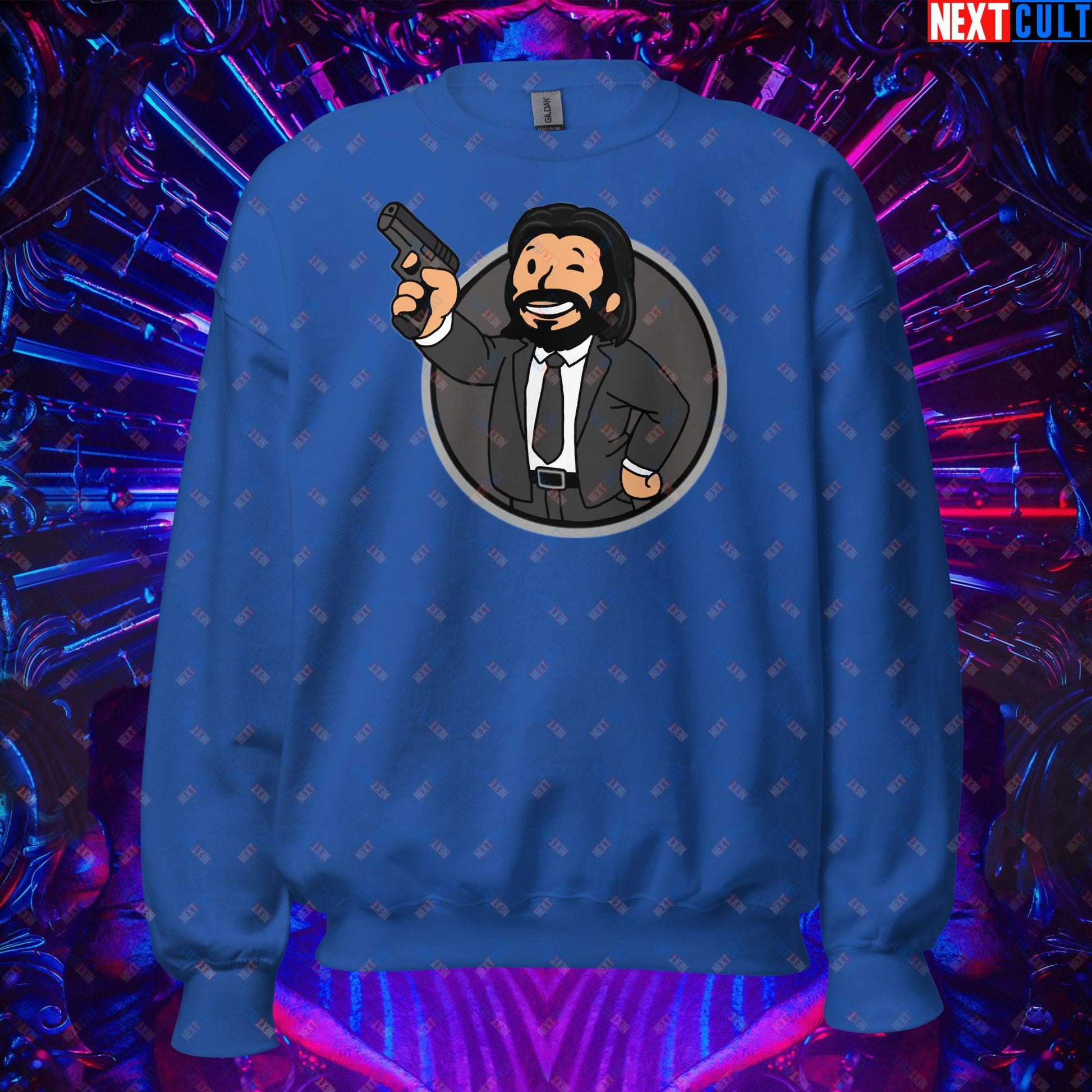 John Wick Vault Boy Fallout Funny Cartoon Mashup Unisex Sweatshirt Royal Sweatshirts Fallout John Wick Keanu Reeves Movies Vault Boy Next Cult Brand