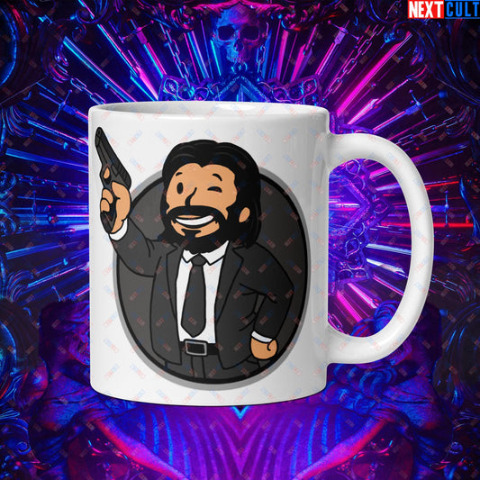 John Wick Vault Boy Fallout Funny Cartoon Mashup White glossy mug Default Title Mugs Fallout John Wick Keanu Reeves Movies Vault Boy Next Cult Brand