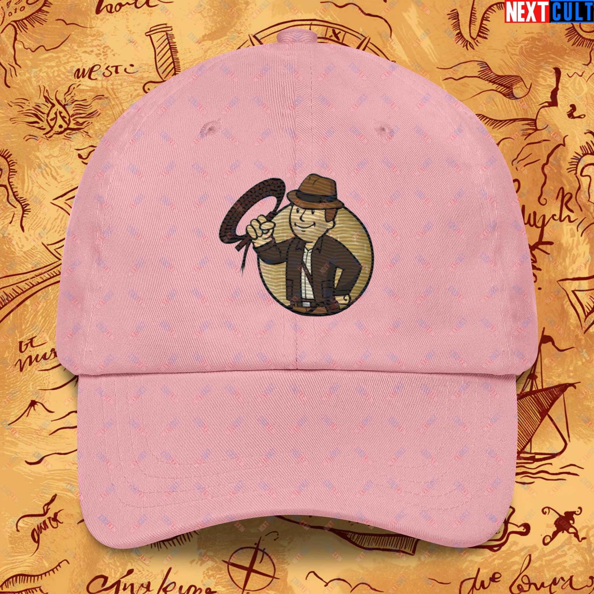 Jones Boy Indiana Jones Vault Boy Fallout Funny Cartoon Mashup Dad hat Pink Hats Fallout Harrison Ford Indiana Jones Movies Vault Boy Next Cult Brand