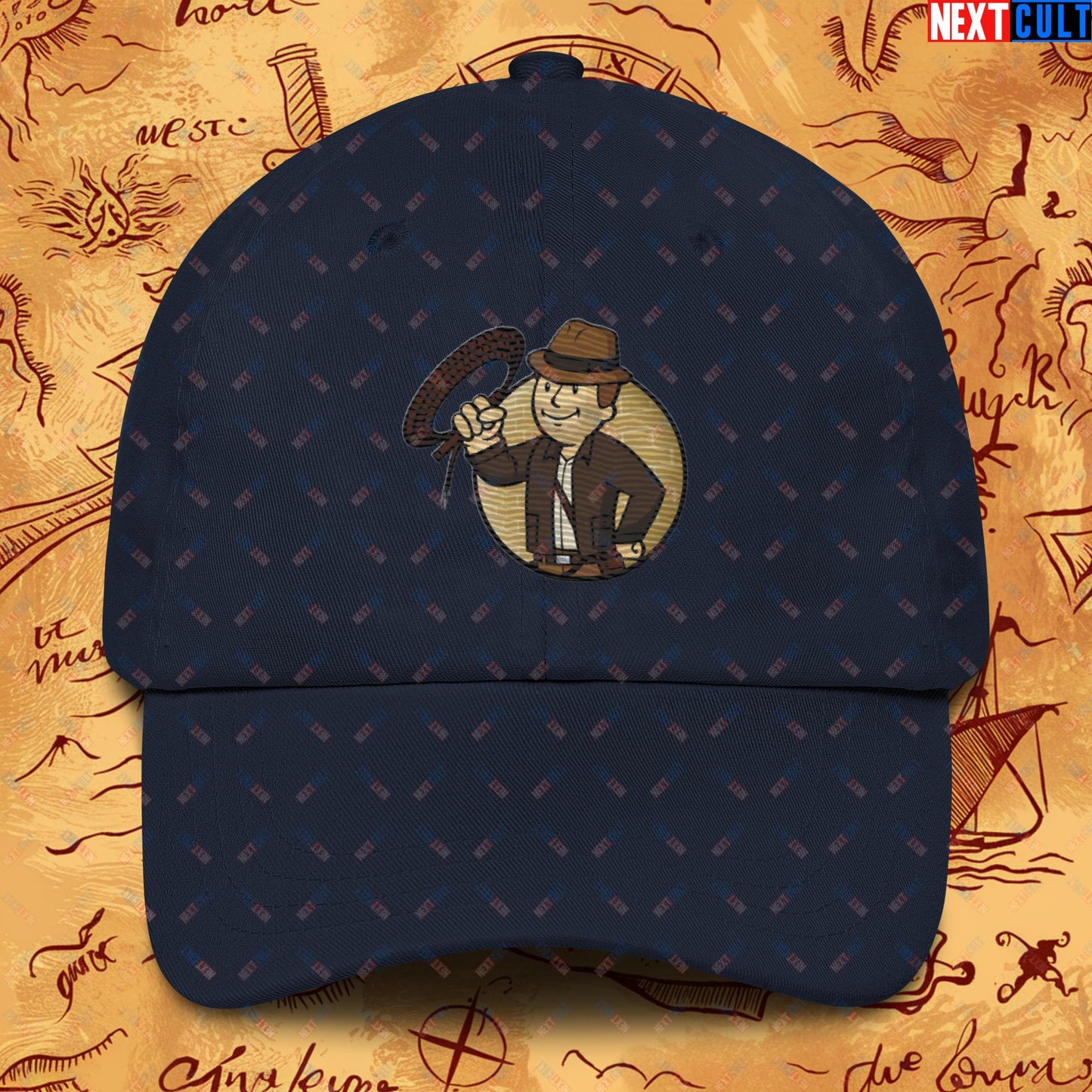 Jones Boy Indiana Jones Vault Boy Fallout Funny Cartoon Mashup Dad hat Navy Hats Fallout Harrison Ford Indiana Jones Movies Vault Boy Next Cult Brand