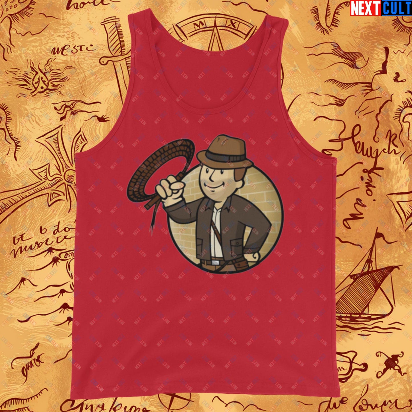 Jones Boy Indiana Jones Vault Boy Fallout Funny Cartoon Mashup Tank Top Red Tank Tops Fallout Harrison Ford Indiana Jones Movies Vault Boy Next Cult Brand