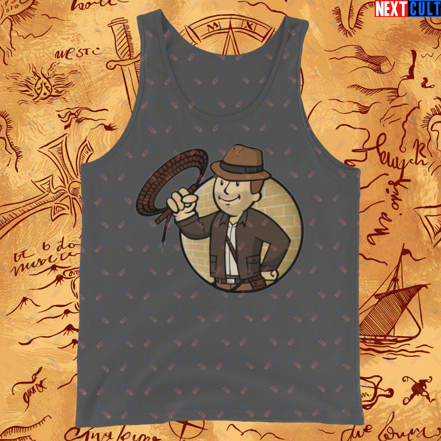 Jones Boy Indiana Jones Vault Boy Fallout Funny Cartoon Mashup Tank Top Asphalt Tank Tops Fallout Harrison Ford Indiana Jones Movies Vault Boy Next Cult Brand