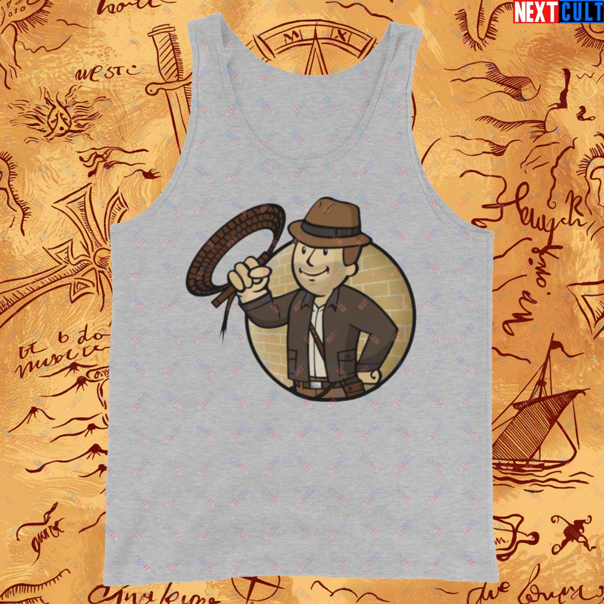 Jones Boy Indiana Jones Vault Boy Fallout Funny Cartoon Mashup Tank Top Athletic Heather Tank Tops Fallout Harrison Ford Indiana Jones Movies Vault Boy Next Cult Brand