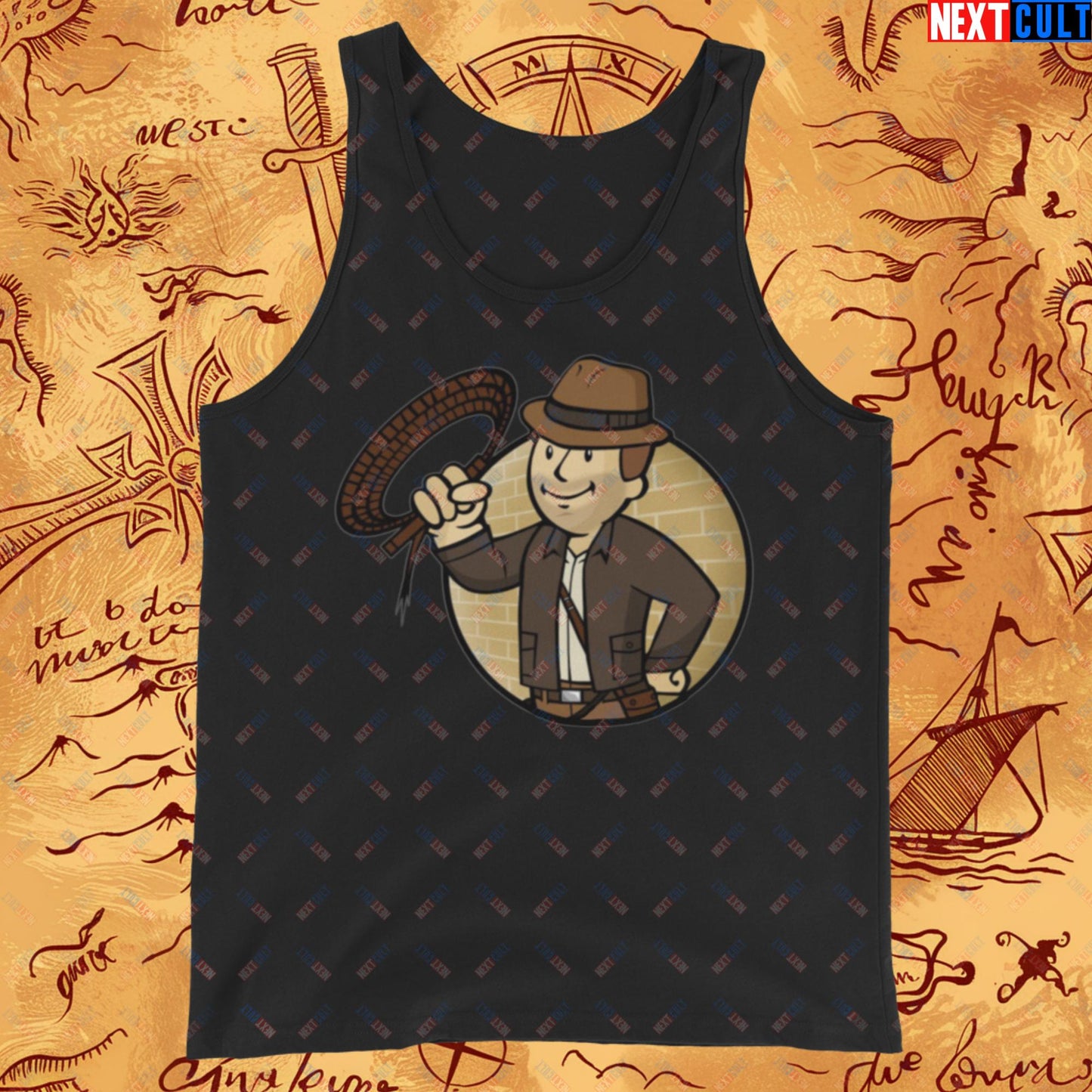 Jones Boy Indiana Jones Vault Boy Fallout Funny Cartoon Mashup Tank Top Black Tank Tops Fallout Harrison Ford Indiana Jones Movies Vault Boy Next Cult Brand