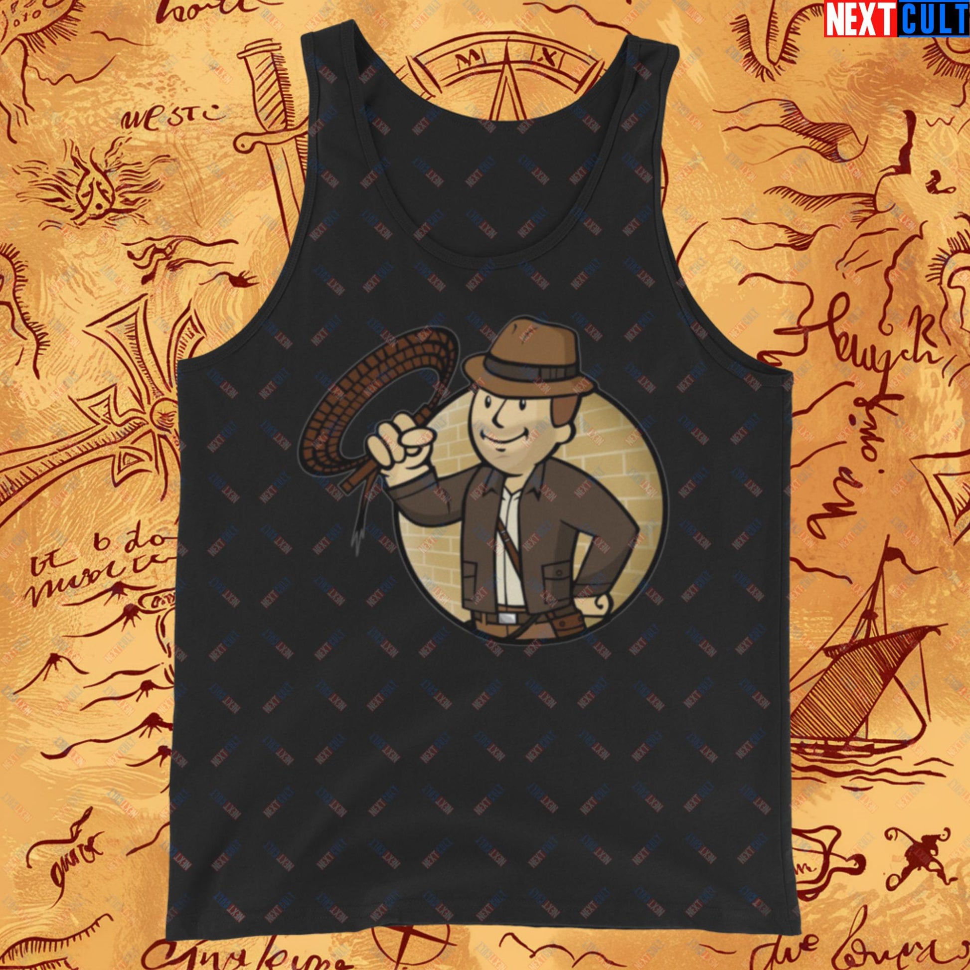 Jones Boy Indiana Jones Vault Boy Fallout Funny Cartoon Mashup Tank Top Black Tank Tops Fallout Harrison Ford Indiana Jones Movies Vault Boy Next Cult Brand