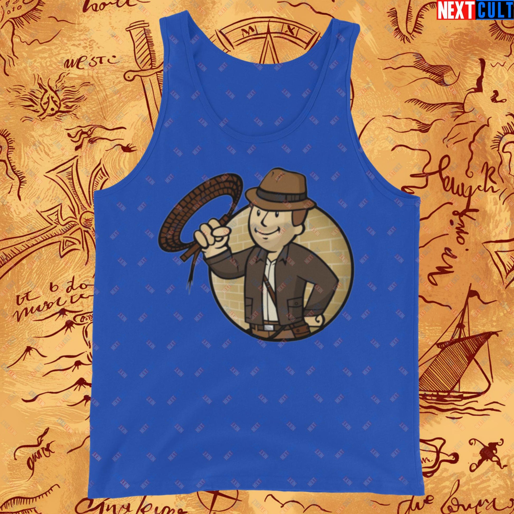 Jones Boy Indiana Jones Vault Boy Fallout Funny Cartoon Mashup Tank Top True Royal Tank Tops Fallout Harrison Ford Indiana Jones Movies Vault Boy Next Cult Brand