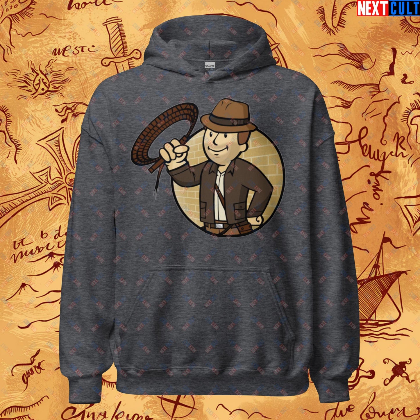 Jones Boy Indiana Jones Vault Boy Fallout Funny Cartoon Mashup Unisex Hoodie Dark Heather Hoodies Fallout Harrison Ford Indiana Jones Movies Vault Boy Next Cult Brand