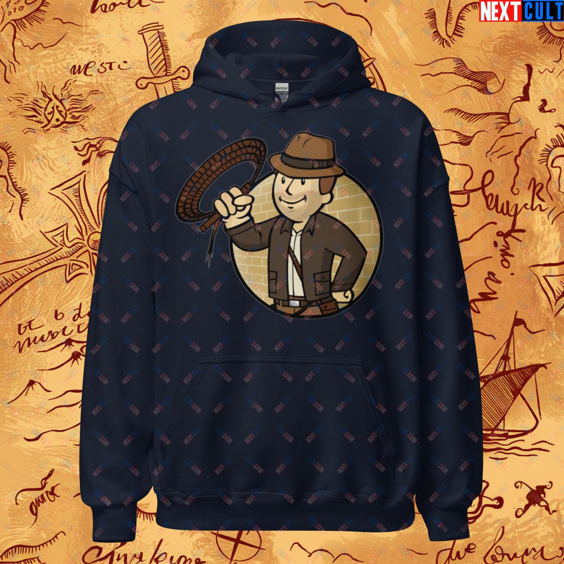 Jones Boy Indiana Jones Vault Boy Fallout Funny Cartoon Mashup Unisex Hoodie Navy Hoodies Fallout Harrison Ford Indiana Jones Movies Vault Boy Next Cult Brand