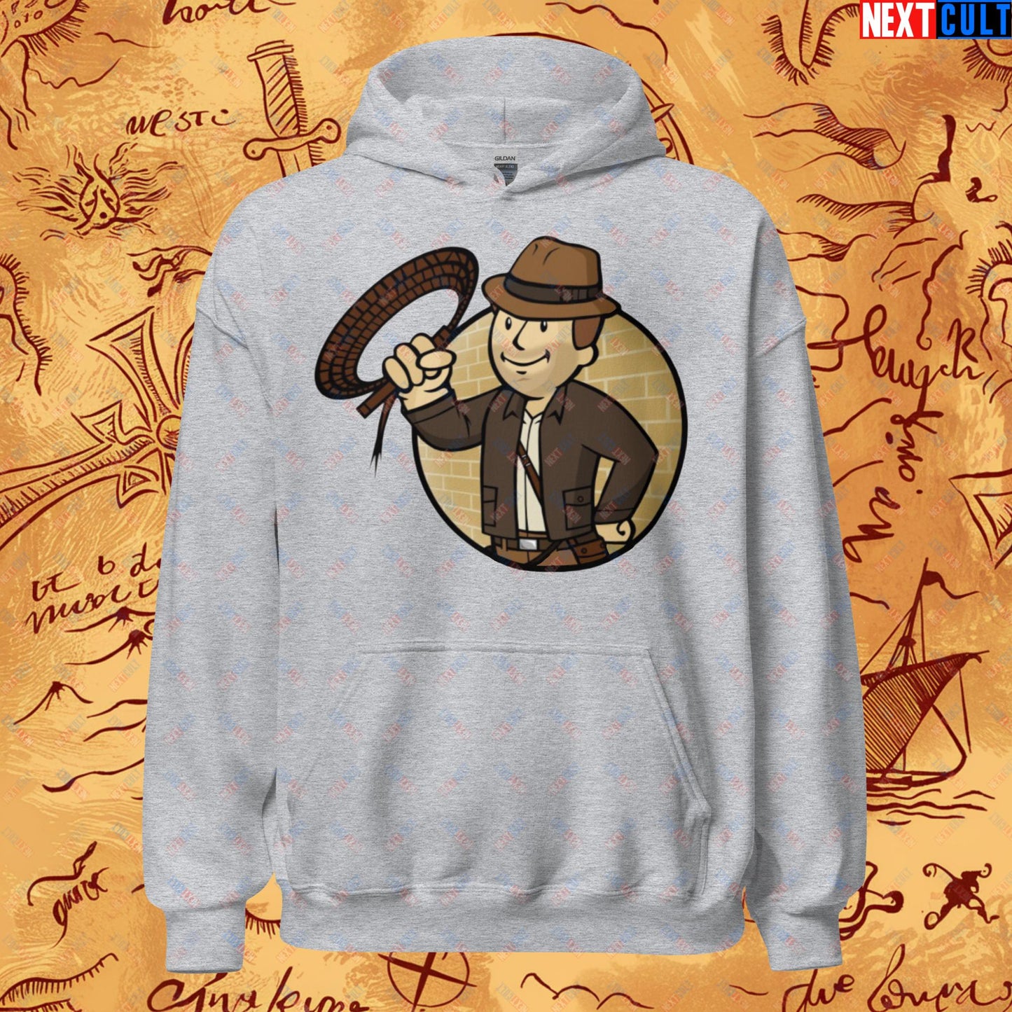 Jones Boy Indiana Jones Vault Boy Fallout Funny Cartoon Mashup Unisex Hoodie Next Cult Brand