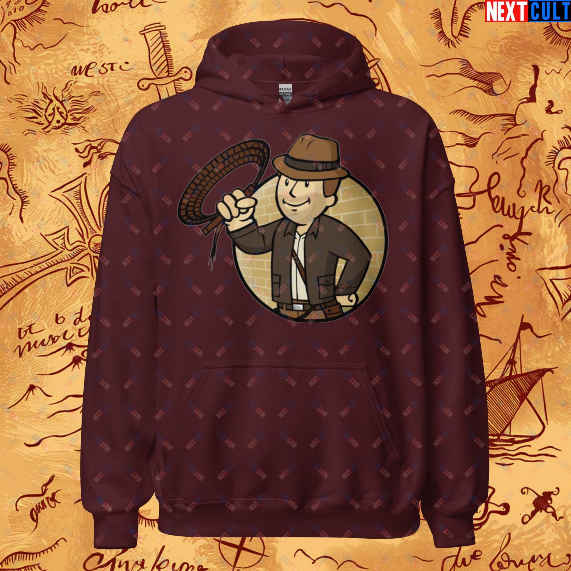 Jones Boy Indiana Jones Vault Boy Fallout Funny Cartoon Mashup Unisex Hoodie Maroon Hoodies Fallout Harrison Ford Indiana Jones Movies Vault Boy Next Cult Brand