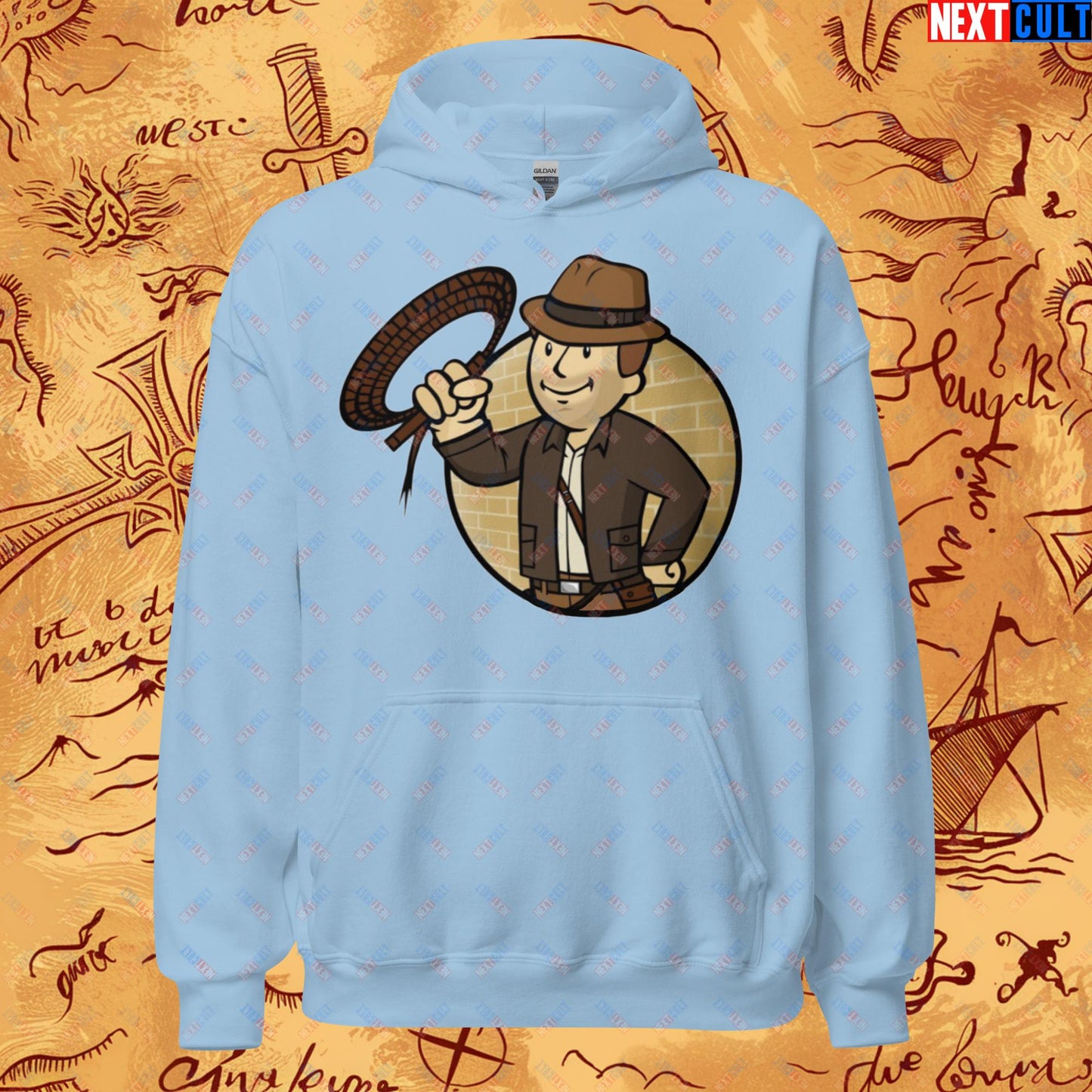 Jones Boy Indiana Jones Vault Boy Fallout Funny Cartoon Mashup Unisex Hoodie Light Blue Hoodies Fallout Harrison Ford Indiana Jones Movies Vault Boy Next Cult Brand