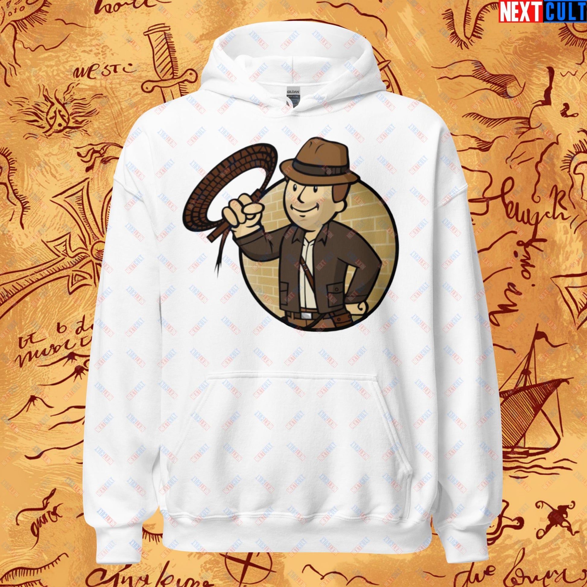 Jones Boy Indiana Jones Vault Boy Fallout Funny Cartoon Mashup Unisex Hoodie White Hoodies Fallout Harrison Ford Indiana Jones Movies Vault Boy Next Cult Brand