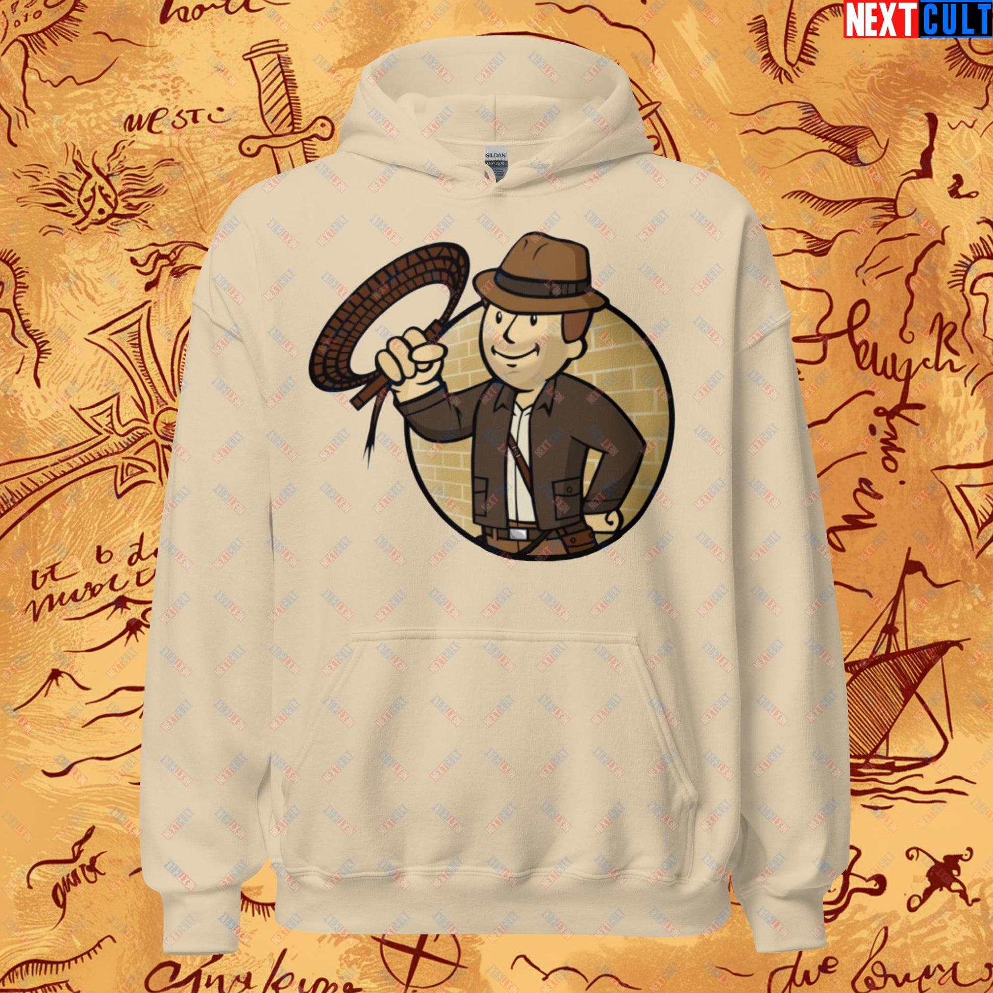 Jones Boy Indiana Jones Vault Boy Fallout Funny Cartoon Mashup Unisex Hoodie Sand Hoodies Fallout Harrison Ford Indiana Jones Movies Vault Boy Next Cult Brand