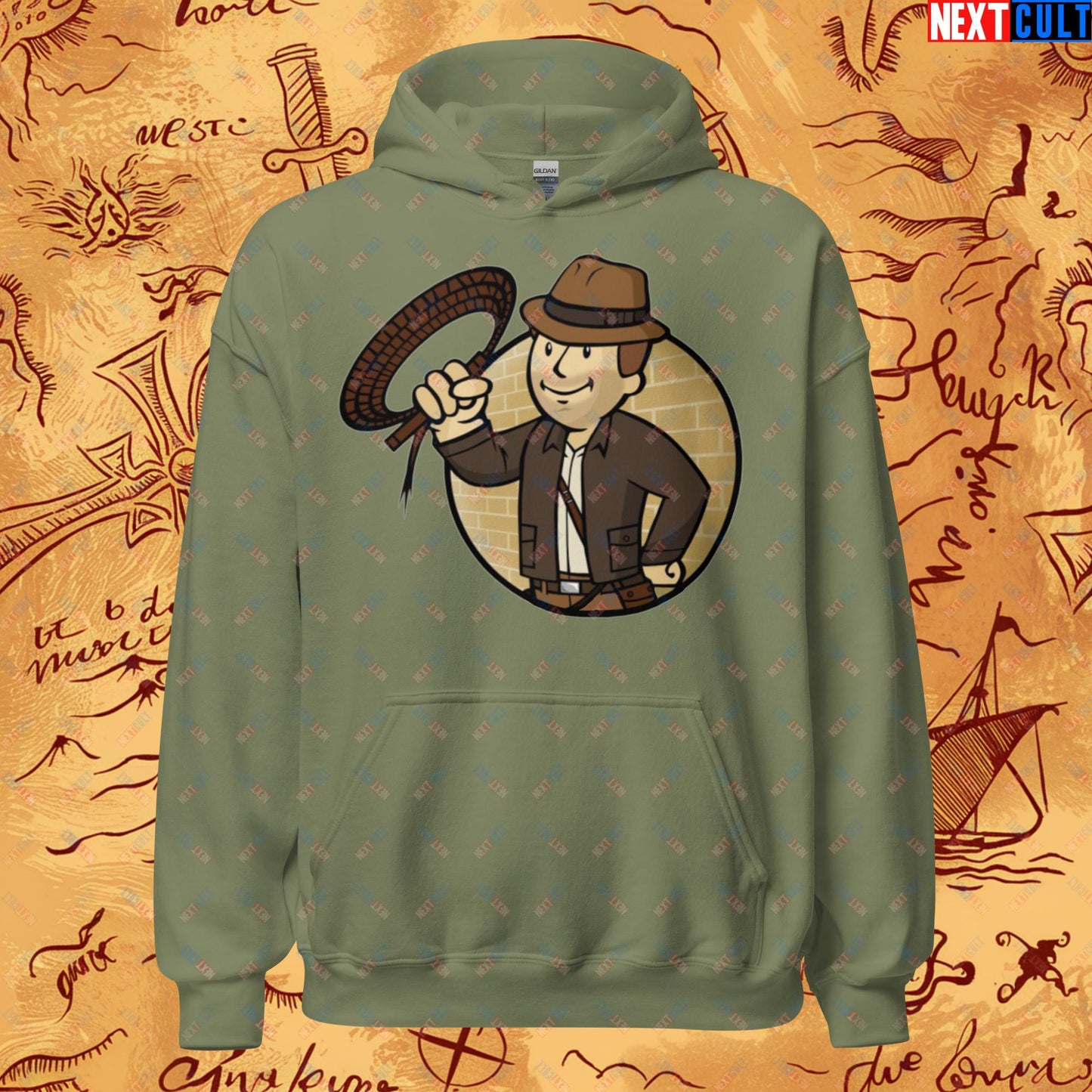 Jones Boy Indiana Jones Vault Boy Fallout Funny Cartoon Mashup Unisex Hoodie Next Cult Brand