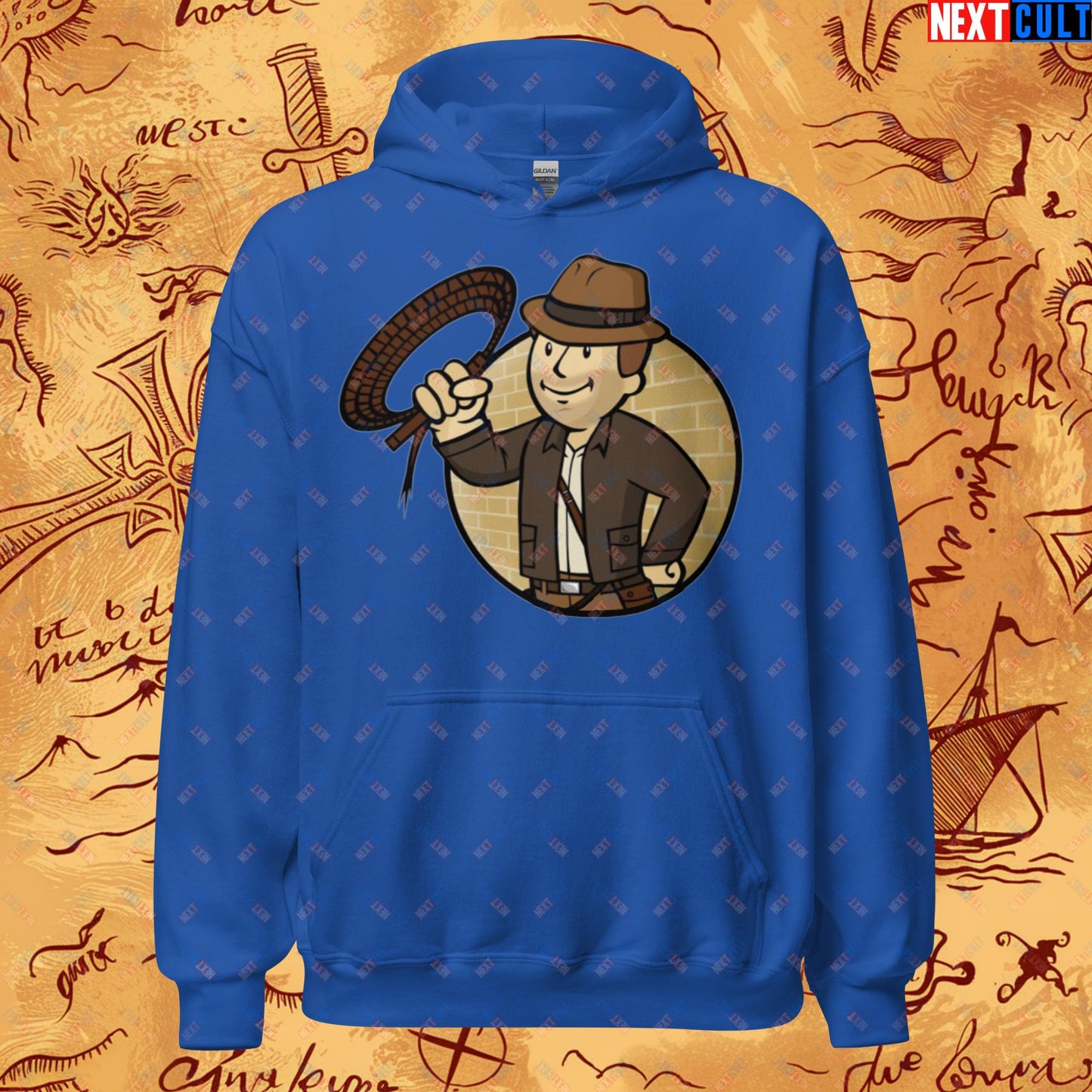 Jones Boy Indiana Jones Vault Boy Fallout Funny Cartoon Mashup Unisex Hoodie Royal Hoodies Fallout Harrison Ford Indiana Jones Movies Vault Boy Next Cult Brand