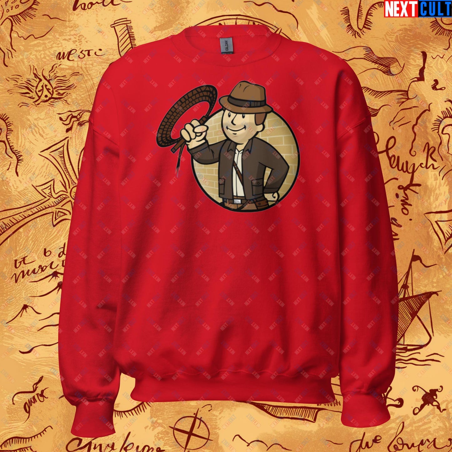 Jones Boy Indiana Jones Vault Boy Fallout Funny Cartoon Mashup Unisex Sweatshirt Red Sweatshirts Fallout Harrison Ford Indiana Jones Movies Vault Boy Next Cult Brand