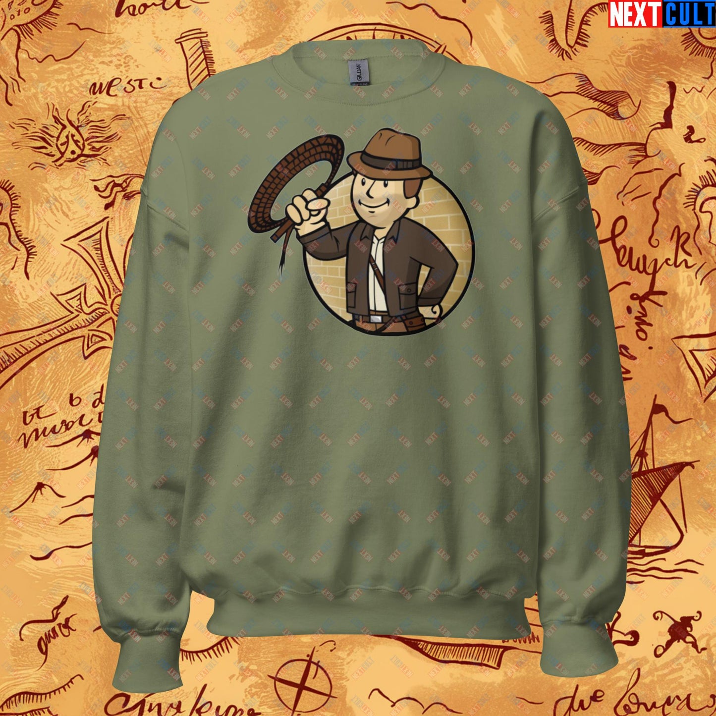 Jones Boy Indiana Jones Vault Boy Fallout Funny Cartoon Mashup Unisex Sweatshirt Military Green Sweatshirts Fallout Harrison Ford Indiana Jones Movies Vault Boy Next Cult Brand