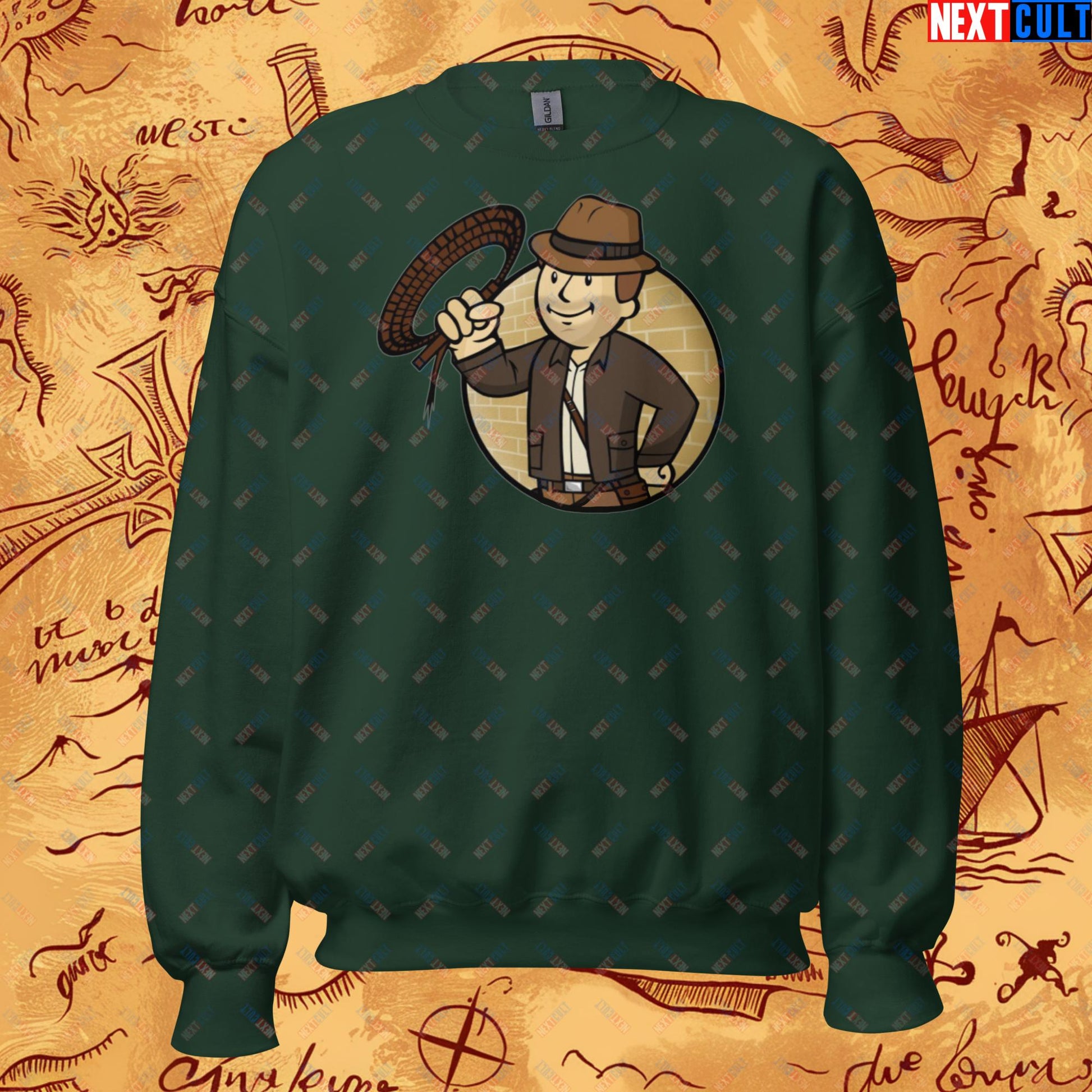 Jones Boy Indiana Jones Vault Boy Fallout Funny Cartoon Mashup Unisex Sweatshirt Forest Green Sweatshirts Fallout Harrison Ford Indiana Jones Movies Vault Boy Next Cult Brand