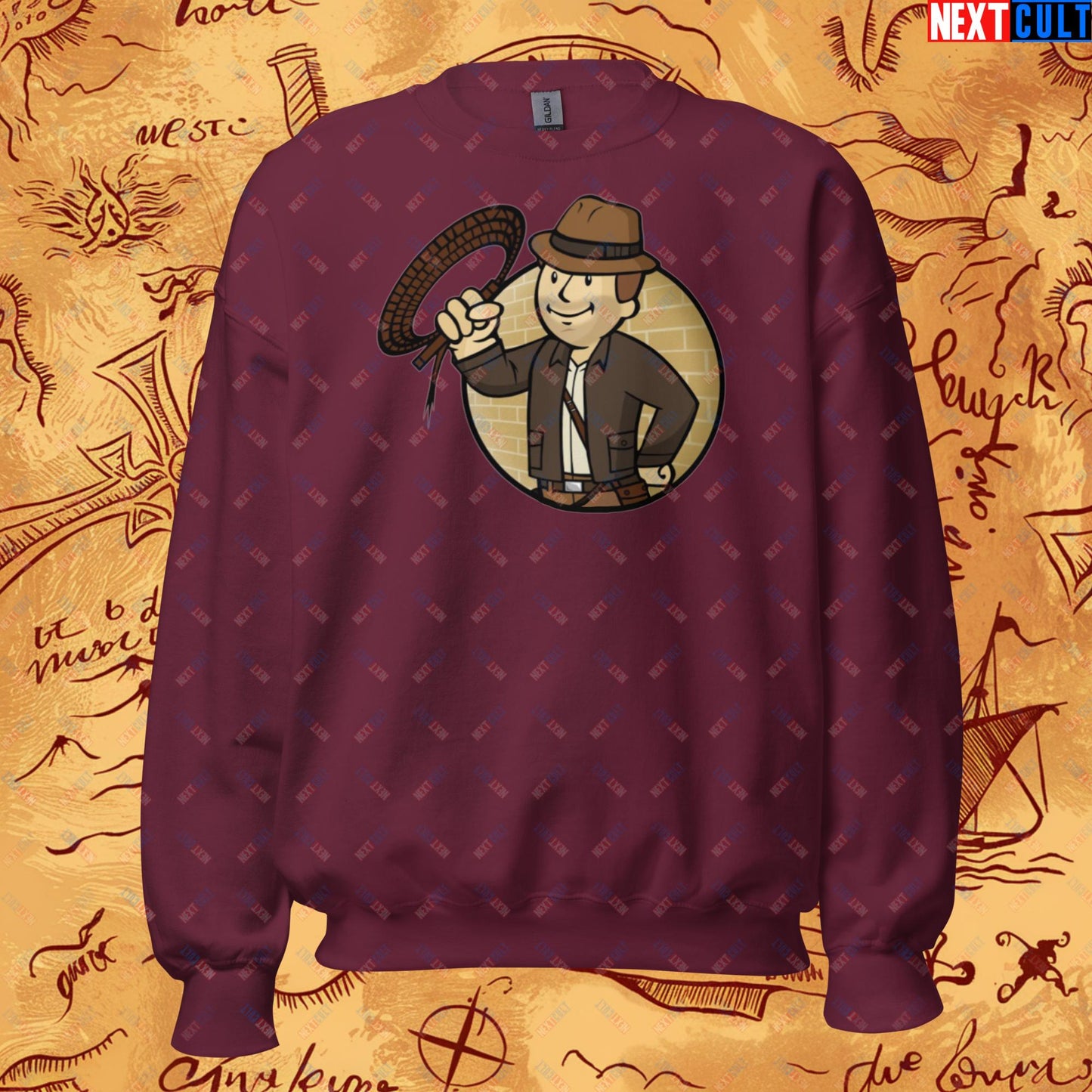 Jones Boy Indiana Jones Vault Boy Fallout Funny Cartoon Mashup Unisex Sweatshirt Maroon Sweatshirts Fallout Harrison Ford Indiana Jones Movies Vault Boy Next Cult Brand