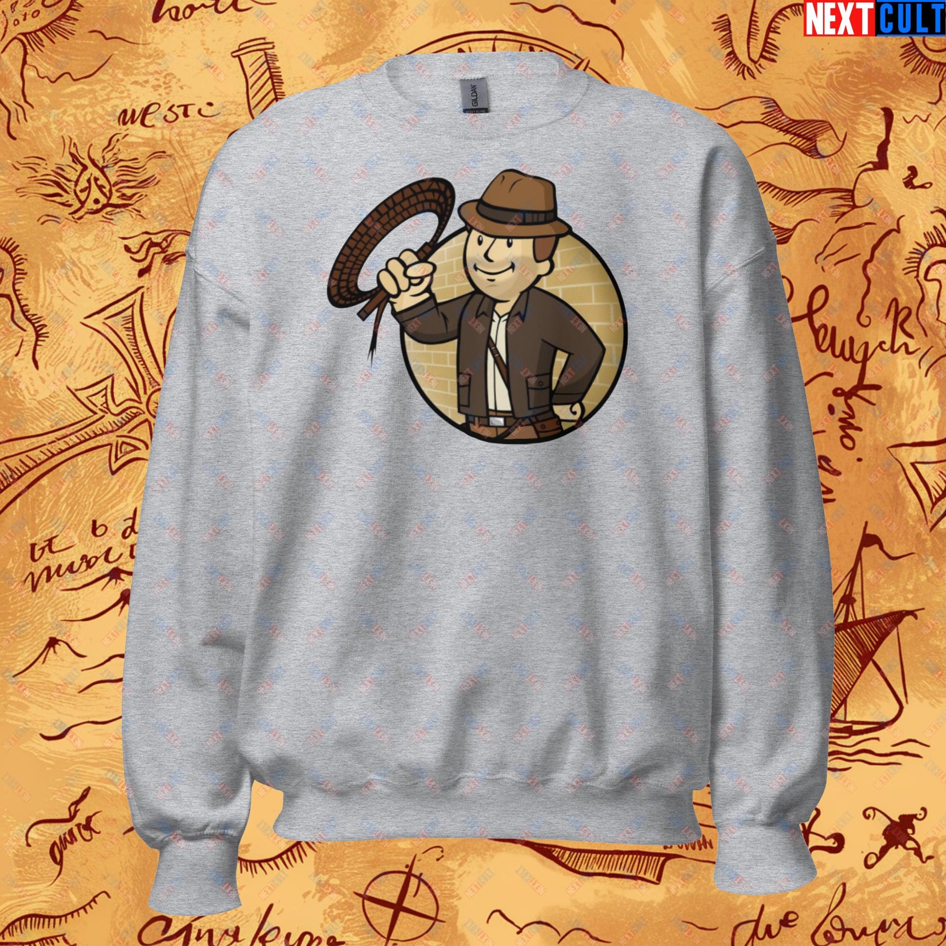 Jones Boy Indiana Jones Vault Boy Fallout Funny Cartoon Mashup Unisex Sweatshirt Sport Grey Sweatshirts Fallout Harrison Ford Indiana Jones Movies Vault Boy Next Cult Brand