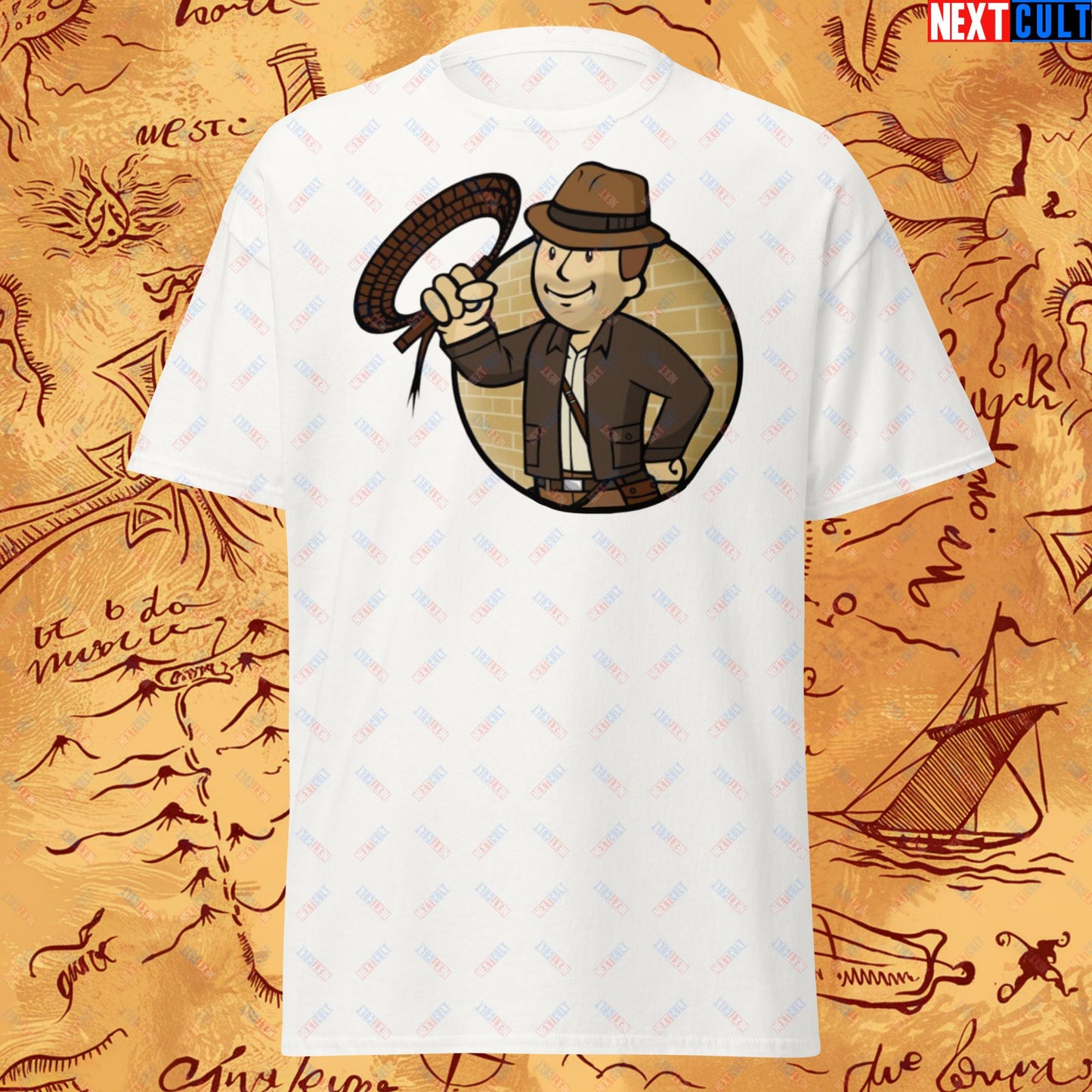 Jones Boy Indiana Jones Vault Boy Fallout Funny Cartoon Mashup Unisex tee Next Cult Brand