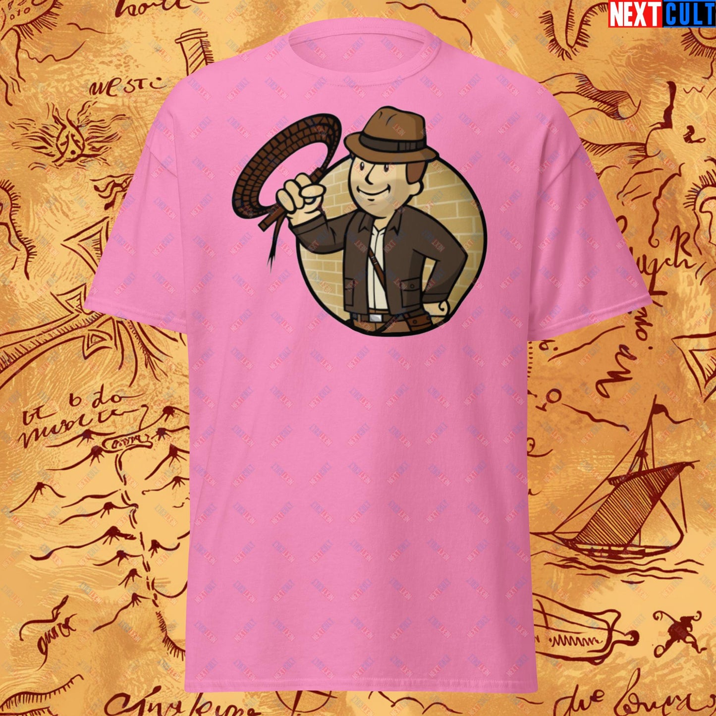 Jones Boy Indiana Jones Vault Boy Fallout Funny Cartoon Mashup Unisex tee Azalea T-shirts Fallout Harrison Ford Indiana Jones Movies Vault Boy Next Cult Brand